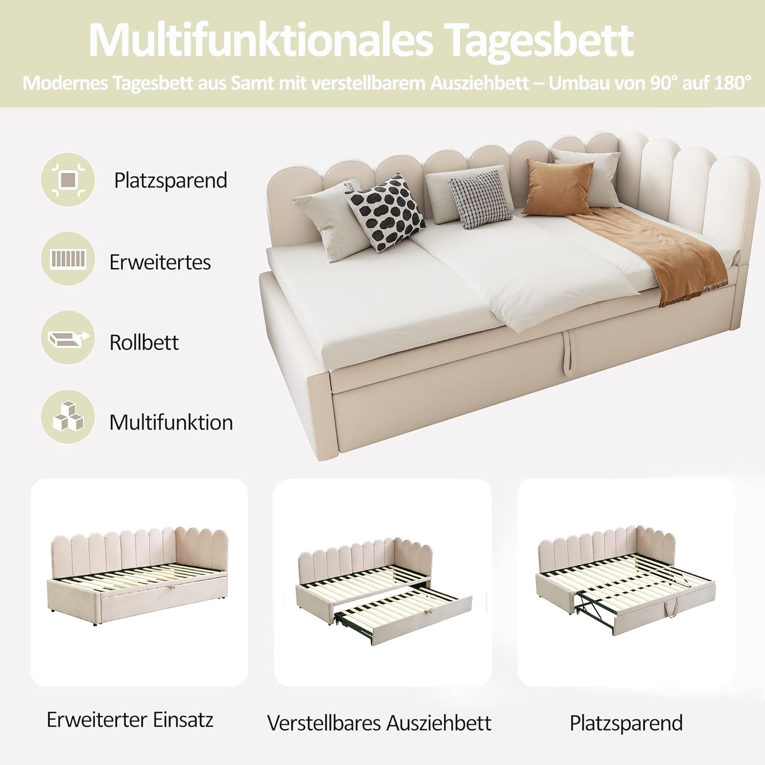 Merax 2-in-1 Multifunktions-Schlafsofa (90/180 x 200 cm), Samtrosa Polsterbett, ausziehbares Gästebett, platzsparendes Design, bequem für Kinder & Gäste, Beige (Ohne Matratze) — Ansicht 3