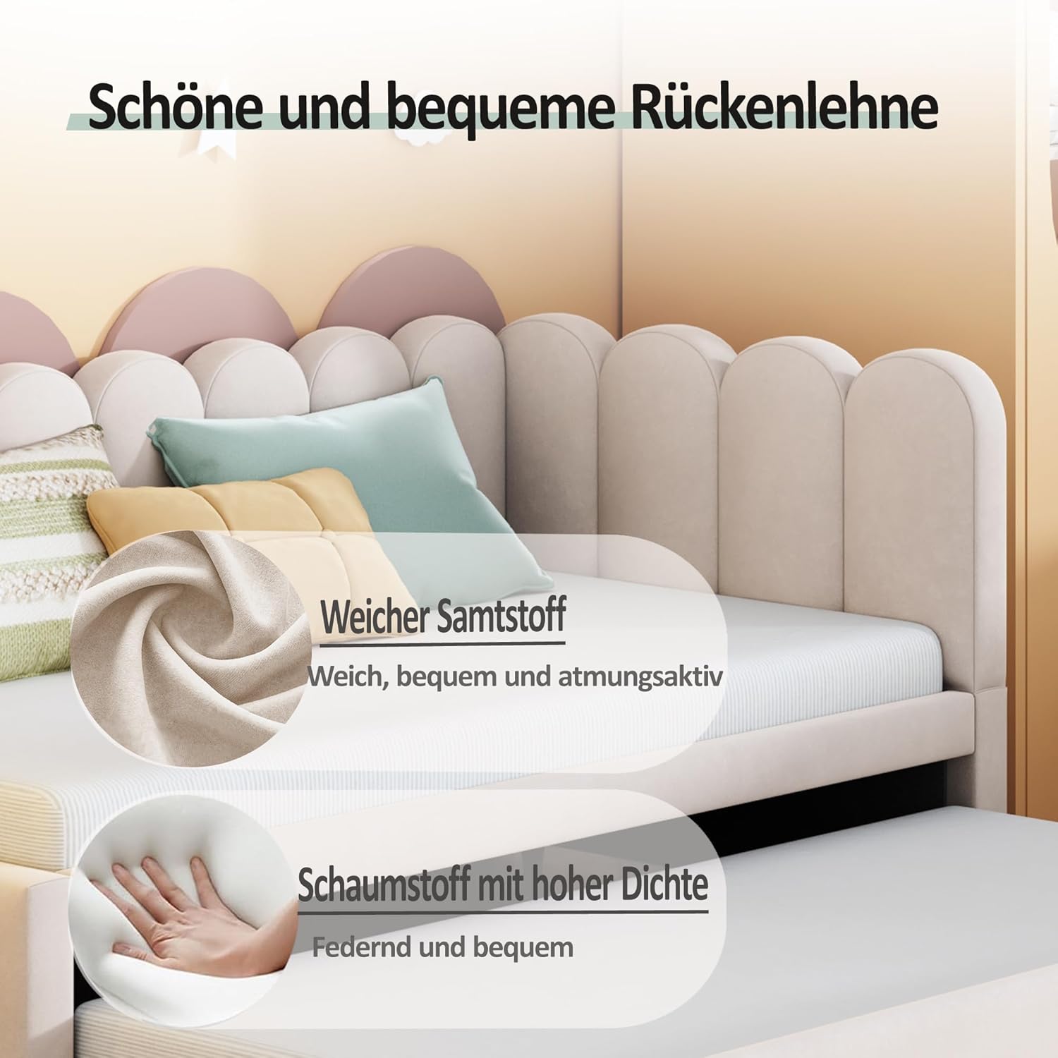 Merax 2-in-1 Multifunktions-Schlafsofa (90/180 x 200 cm), Samtrosa Polsterbett, ausziehbares Gästebett, platzsparendes Design, bequem für Kinder & Gäste, Beige (Ohne Matratze) — Ansicht 5