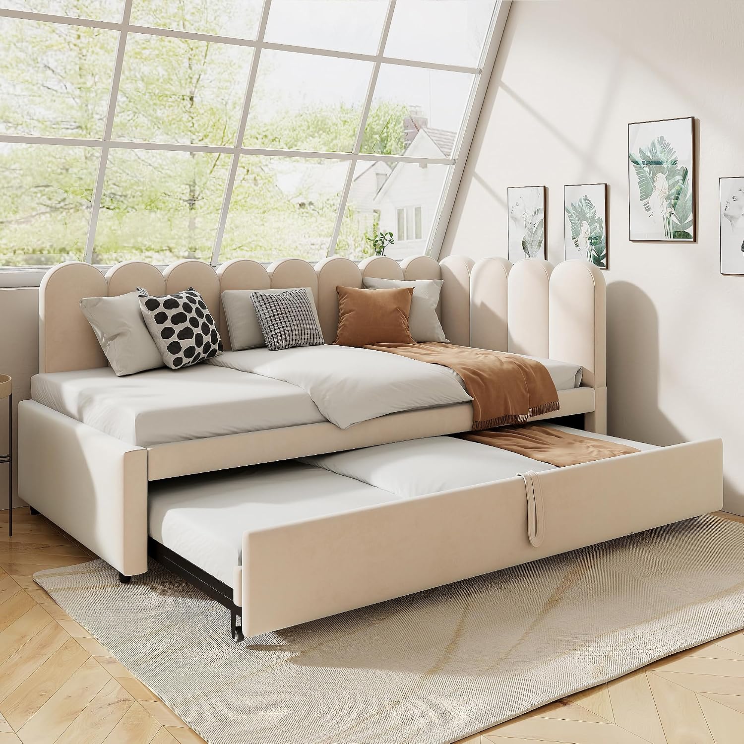 Merax 2-in-1 Multifunktions-Schlafsofa (90/180 x 200 cm), Samtrosa Polsterbett, ausziehbares Gästebett, platzsparendes Design, bequem für Kinder & Gäste, Beige (Ohne Matratze) — Ansicht 6