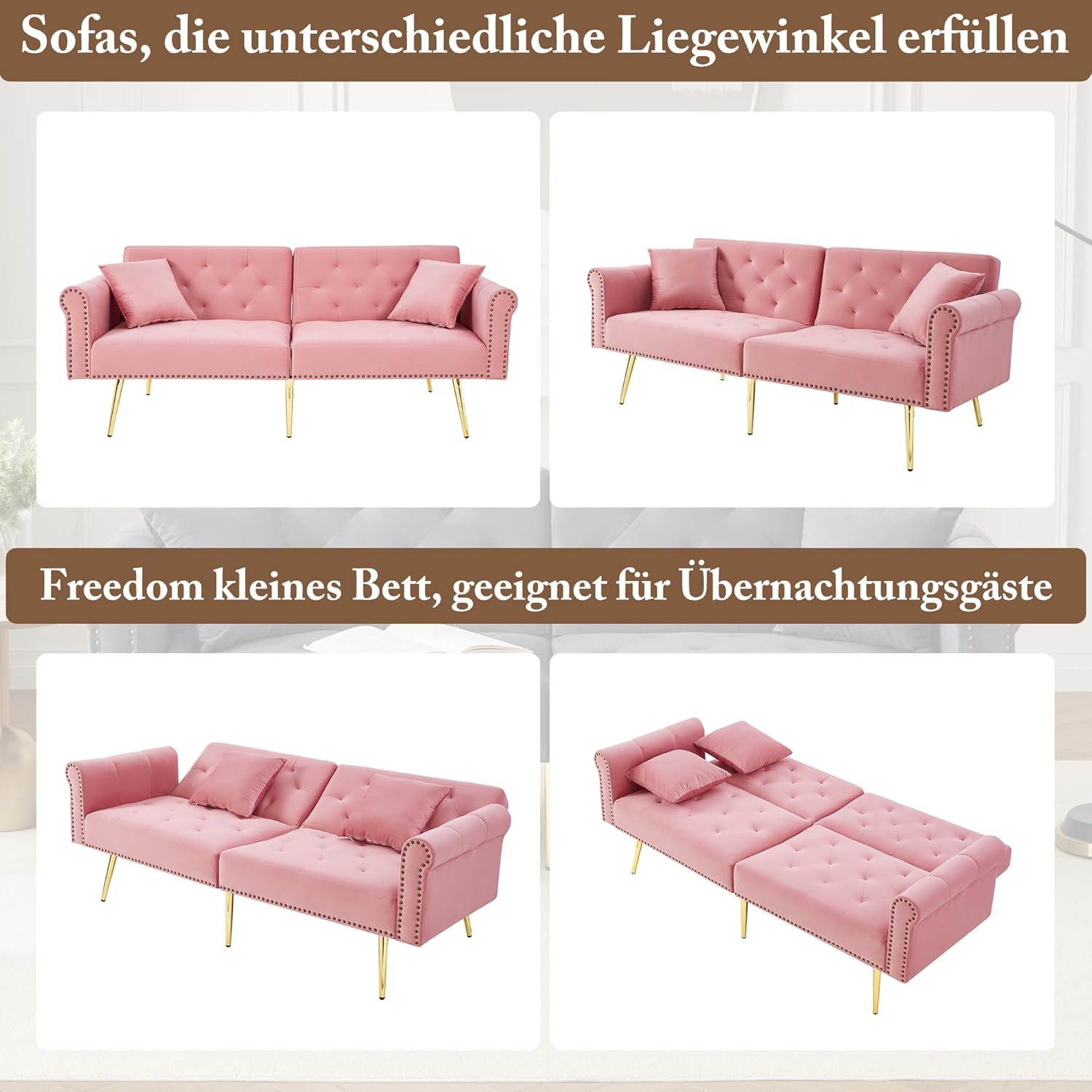 Merax 2-Sitzer-Schlafsofa, 173x75x70 cm, aus Samt, mit 3-stufig Verstellbarer Doppel-Rückenlehne, vergoldeten Metallfüßen, ergonomischer Polsterung, platzsparendes Sofa für kleine Räume, Rosa — Ansicht 4