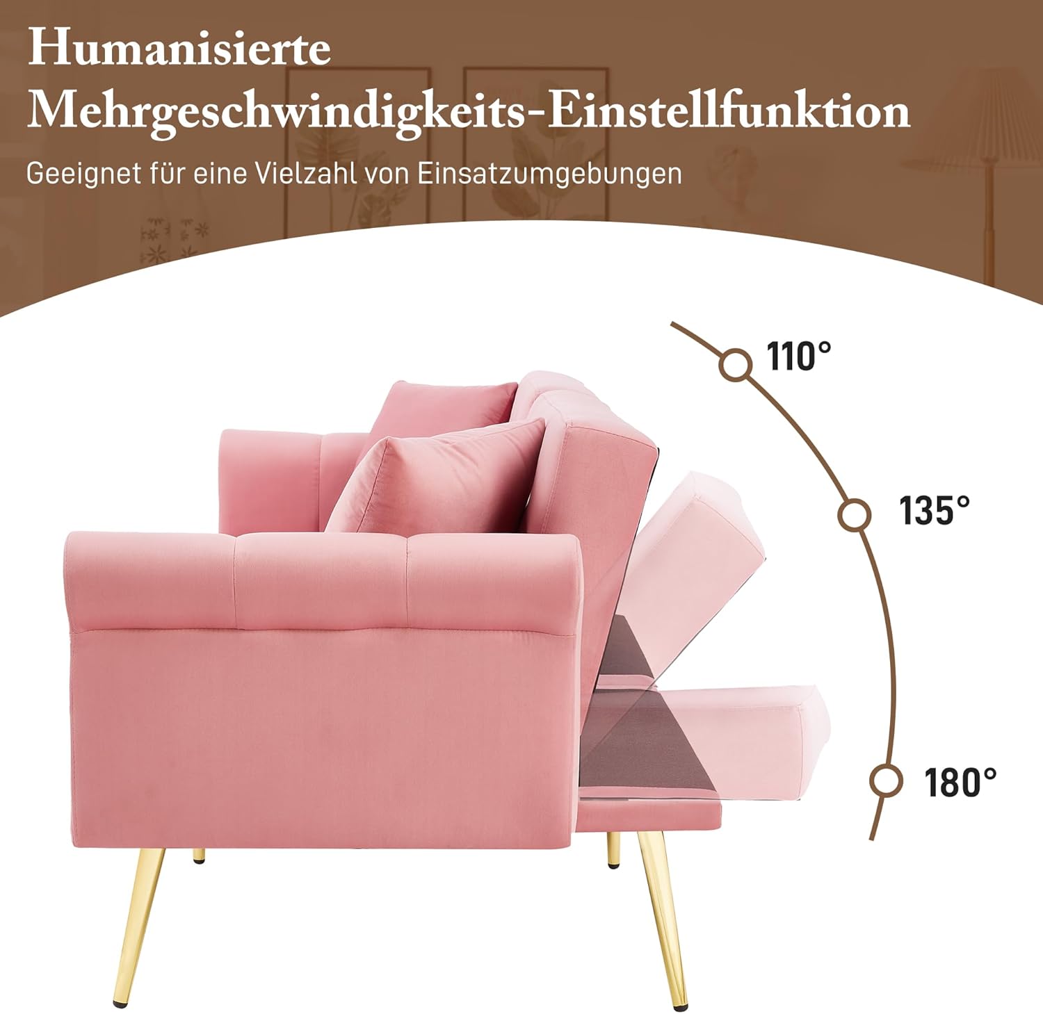 Merax 2-Sitzer-Schlafsofa, 173x75x70 cm, aus Samt, mit 3-stufig Verstellbarer Doppel-Rückenlehne, vergoldeten Metallfüßen, ergonomischer Polsterung, platzsparendes Sofa für kleine Räume, Rosa — Ansicht 5