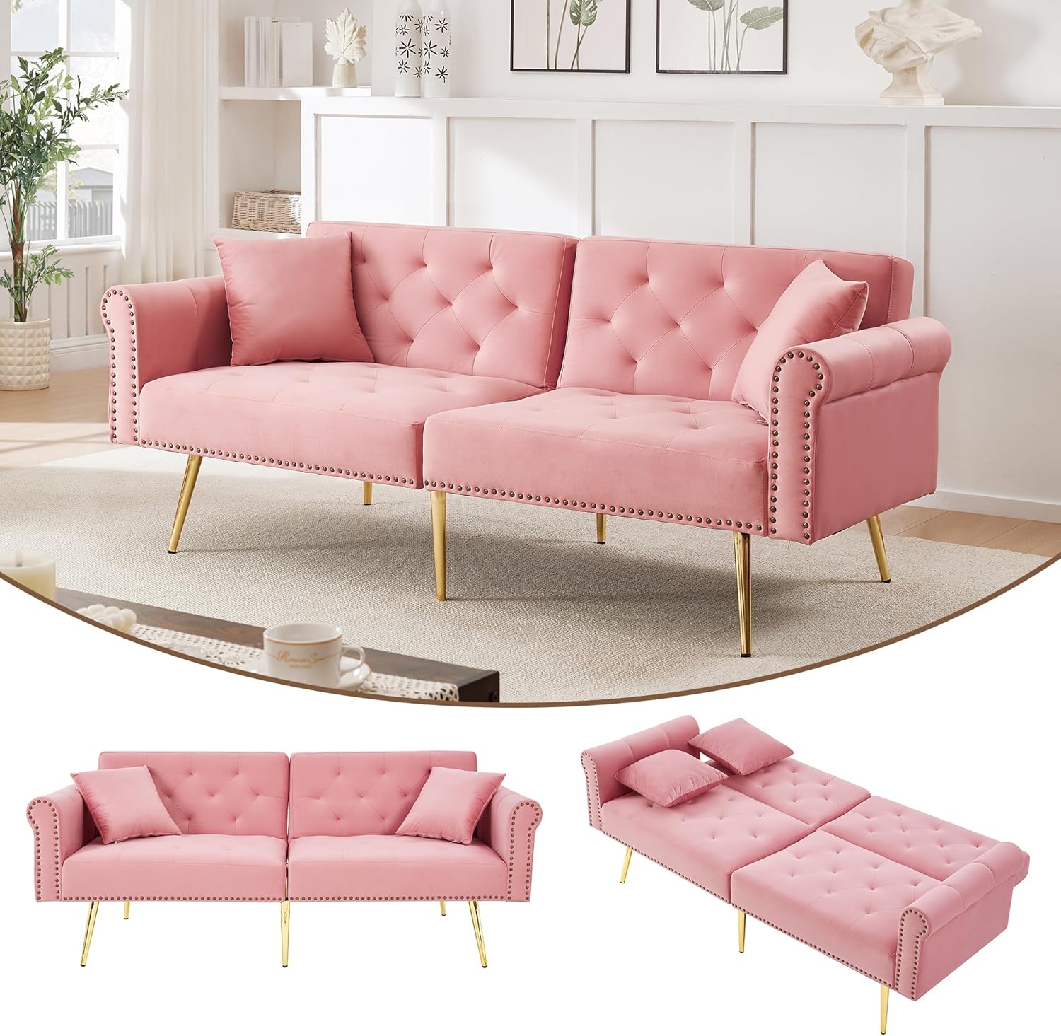 Merax 2-Sitzer-Schlafsofa, 173x75x70 cm, aus Samt, mit 3-stufig Verstellbarer Doppel-Rückenlehne, vergoldeten Metallfüßen, ergonomischer Polsterung, platzsparendes Sofa für kleine Räume, Rosa