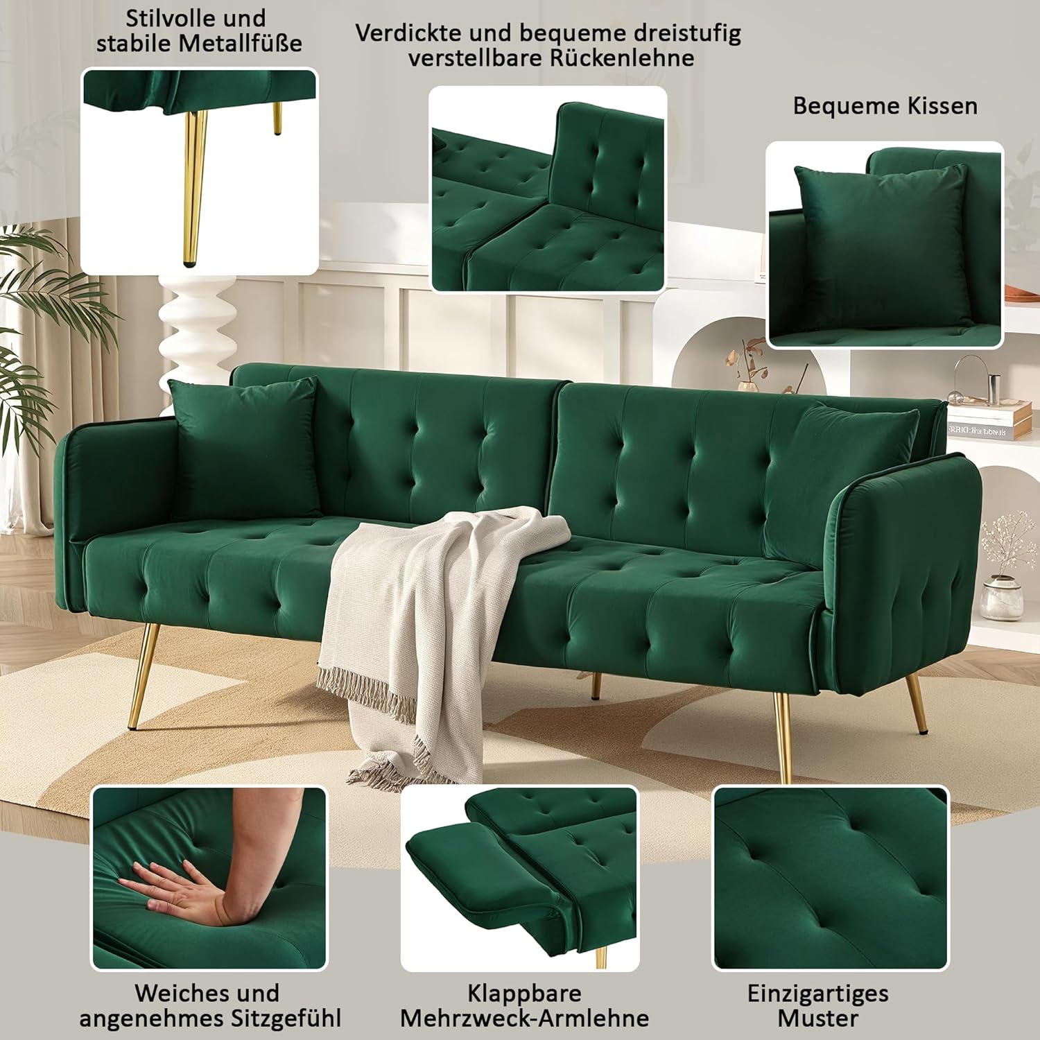 Merax 2-Sitzer Sofabett mit Bettfunktion, Verstellbarer 3-Stufen-Rückenlehne & 6-Stufen-Armlehnen, modernes Faltsofa, Hochdichteschaum, Holzrahmen, platzsparend für Wohnzimmer, Veloursbezug, Grün — Ansicht 5