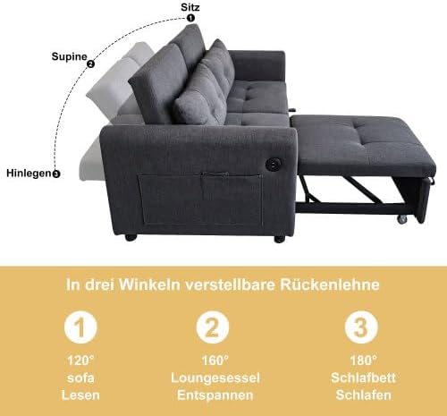 Merax 3-in-1 Schlafsofa mit Verstellbarer Rückenlehne, USB-Anschluss, Armlehnentaschen und Kissen – Multifunktionales Loveseat-Sofa für Wohnzimmer, Schlafzimmer und Apartments, Grau — Ansicht 4