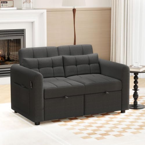 Merax 3-in-1 Schlafsofa mit Verstellbarer Rückenlehne, USB-Anschluss, Armlehnentaschen und Kissen – Multifunktionales Loveseat-Sofa für Wohnzimmer, Schlafzimmer und Apartments, Grau — Ansicht 6