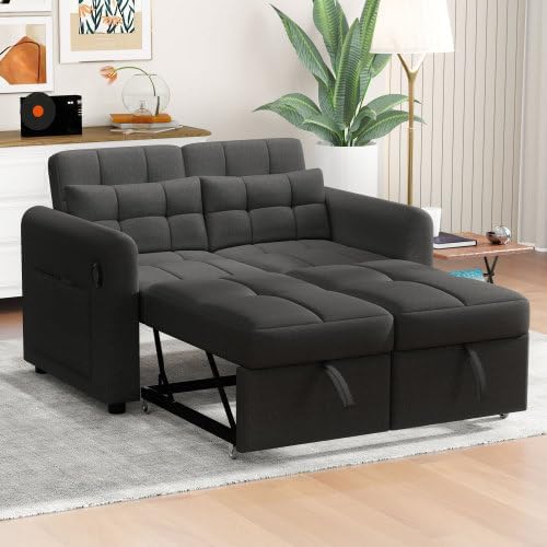 Merax 3-in-1 Schlafsofa mit Verstellbarer Rückenlehne, USB-Anschluss, Armlehnentaschen und Kissen – Multifunktionales Loveseat-Sofa für Wohnzimmer, Schlafzimmer und Apartments, Grau