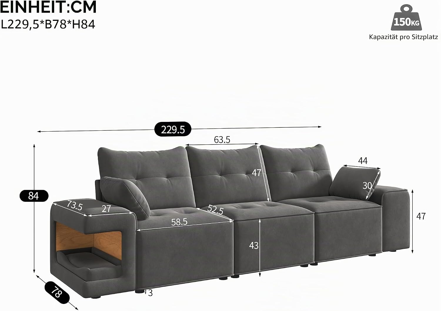 Merax 3-Sitzer Sofa Couch 230cm mit großem Stauraum, Samt Cloud Sofa mit Staufach & Breiten Armlehnen, integriertes Haustierbett & 2 Kissen, gepolsterte Couchgarnitur Wohnzimmer, Grau — Ansicht 3
