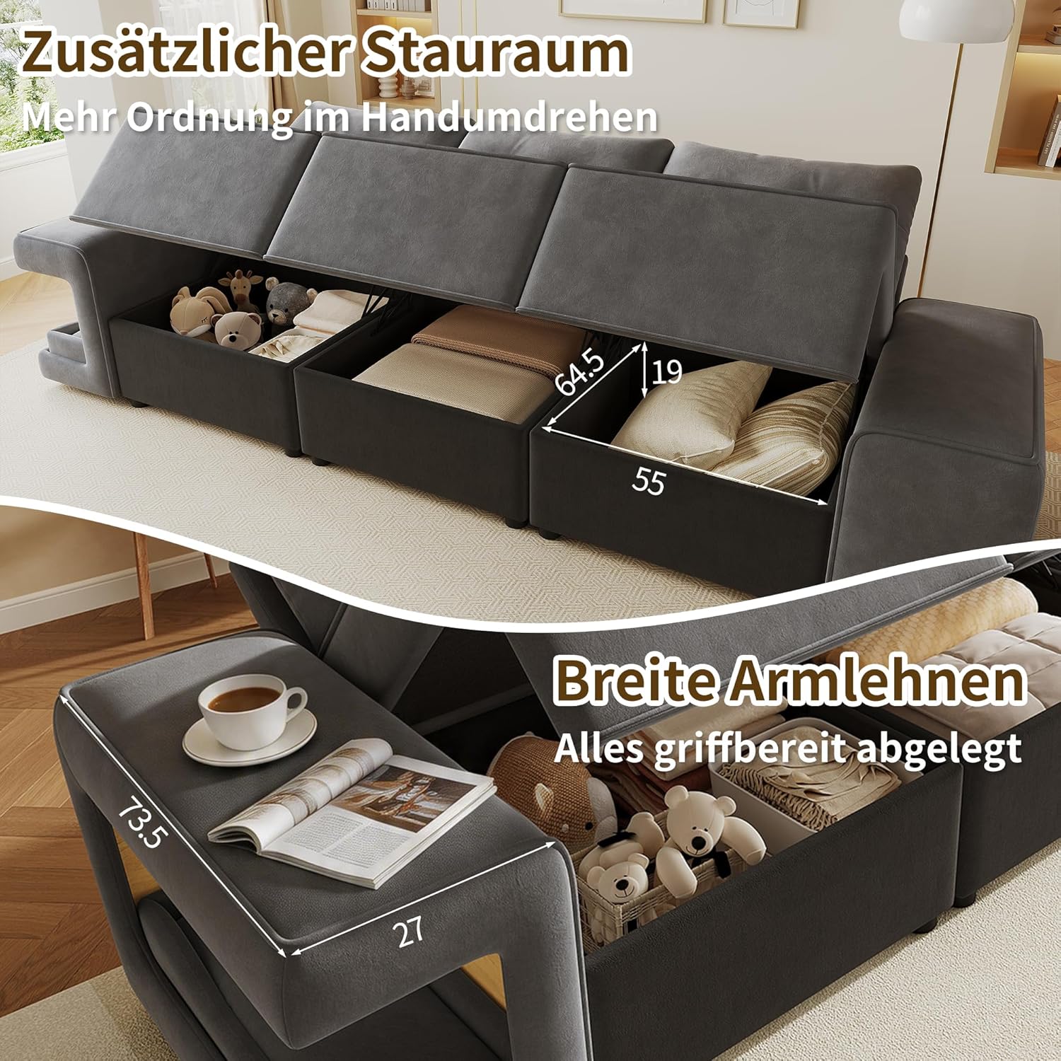 Merax 3-Sitzer Sofa Couch 230cm mit großem Stauraum, Samt Cloud Sofa mit Staufach & Breiten Armlehnen, integriertes Haustierbett & 2 Kissen, gepolsterte Couchgarnitur Wohnzimmer, Grau — Ansicht 6