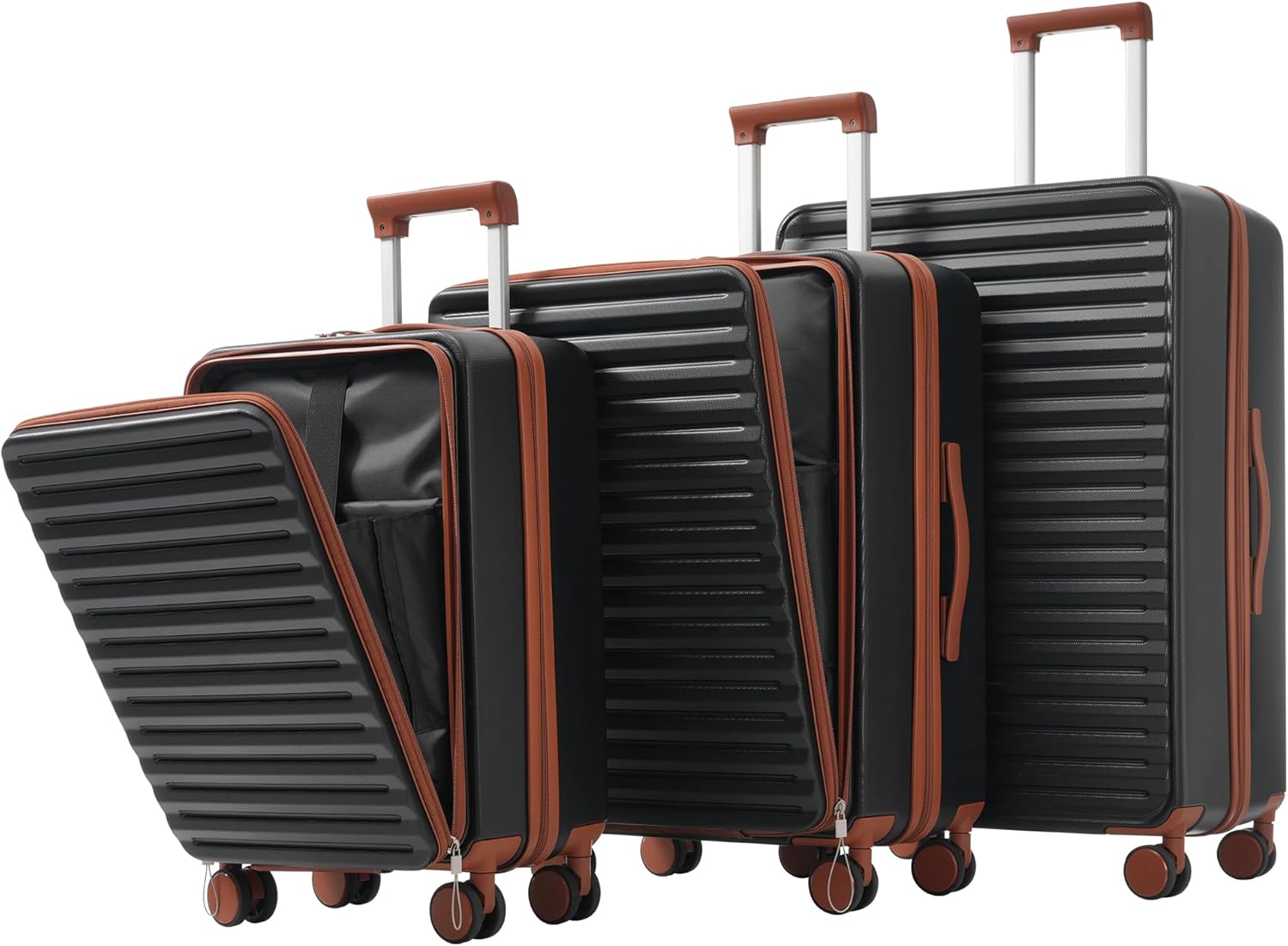 Merax 3tlg. Hartschalenkofferset, Gepäckset, Rollkoffer, Front-Öffnungs-Design, Klappbare Getränkehalter, TSA-Schloss, 360°-Rollen, M-L-XL Reisekofferset, Schwarz