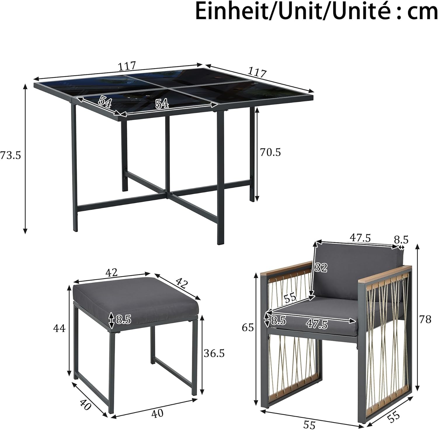 Merax 7-teiliges Garten-Essgruppe, Esstisch-Set für 6 Personen, Tisch mit gehärtetem Glas & Akazienholz-Armlehnen, Abnehmbaren Kissen, Für Garten, Terrasse, Balkon, Schwarz, Holzfarbe — Ansicht 2
