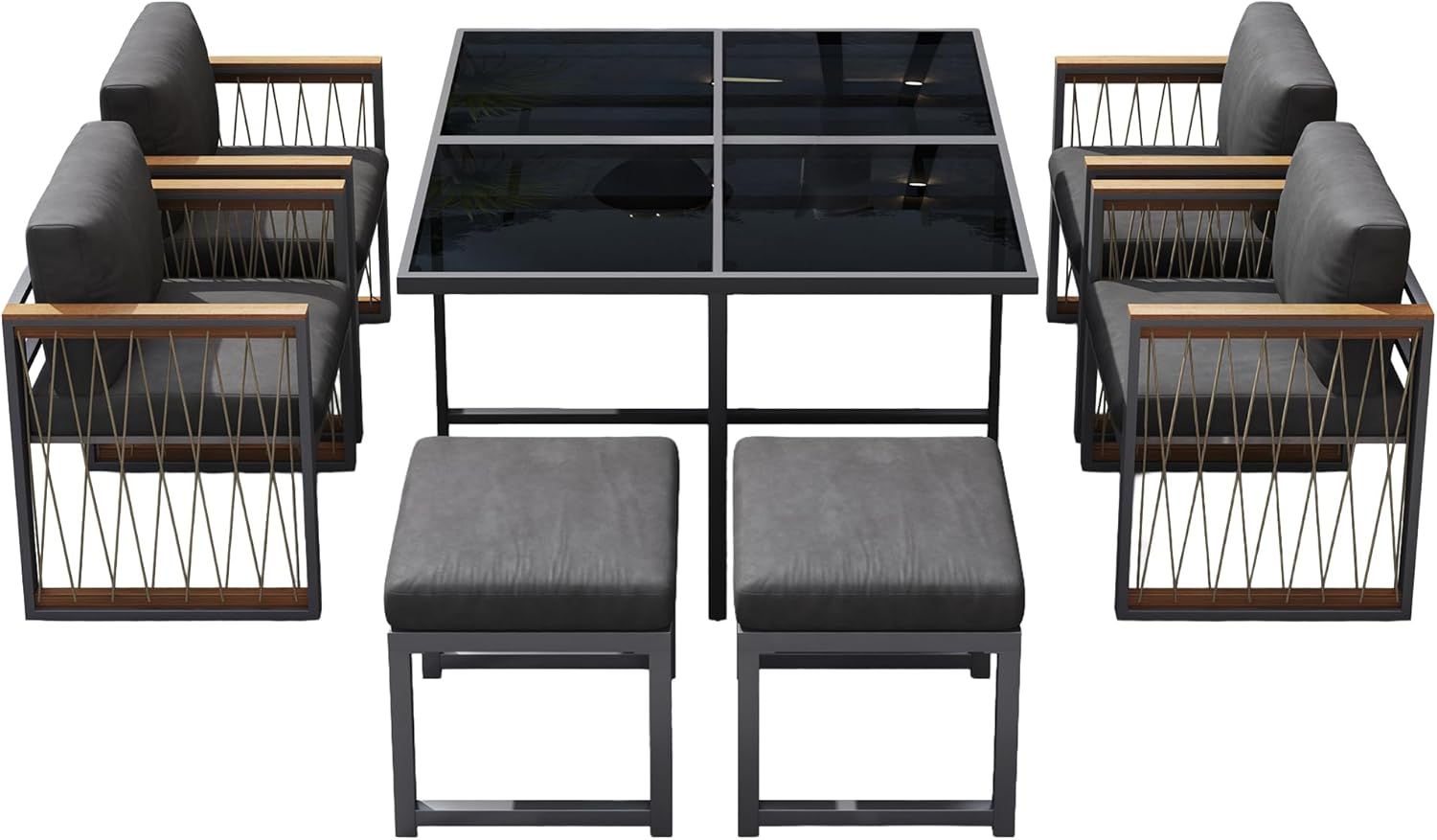 Merax 7-teiliges Garten-Essgruppe, Esstisch-Set für 6 Personen, Tisch mit gehärtetem Glas & Akazienholz-Armlehnen, Abnehmbaren Kissen, Für Garten, Terrasse, Balkon, Schwarz, Holzfarbe — Ansicht 4