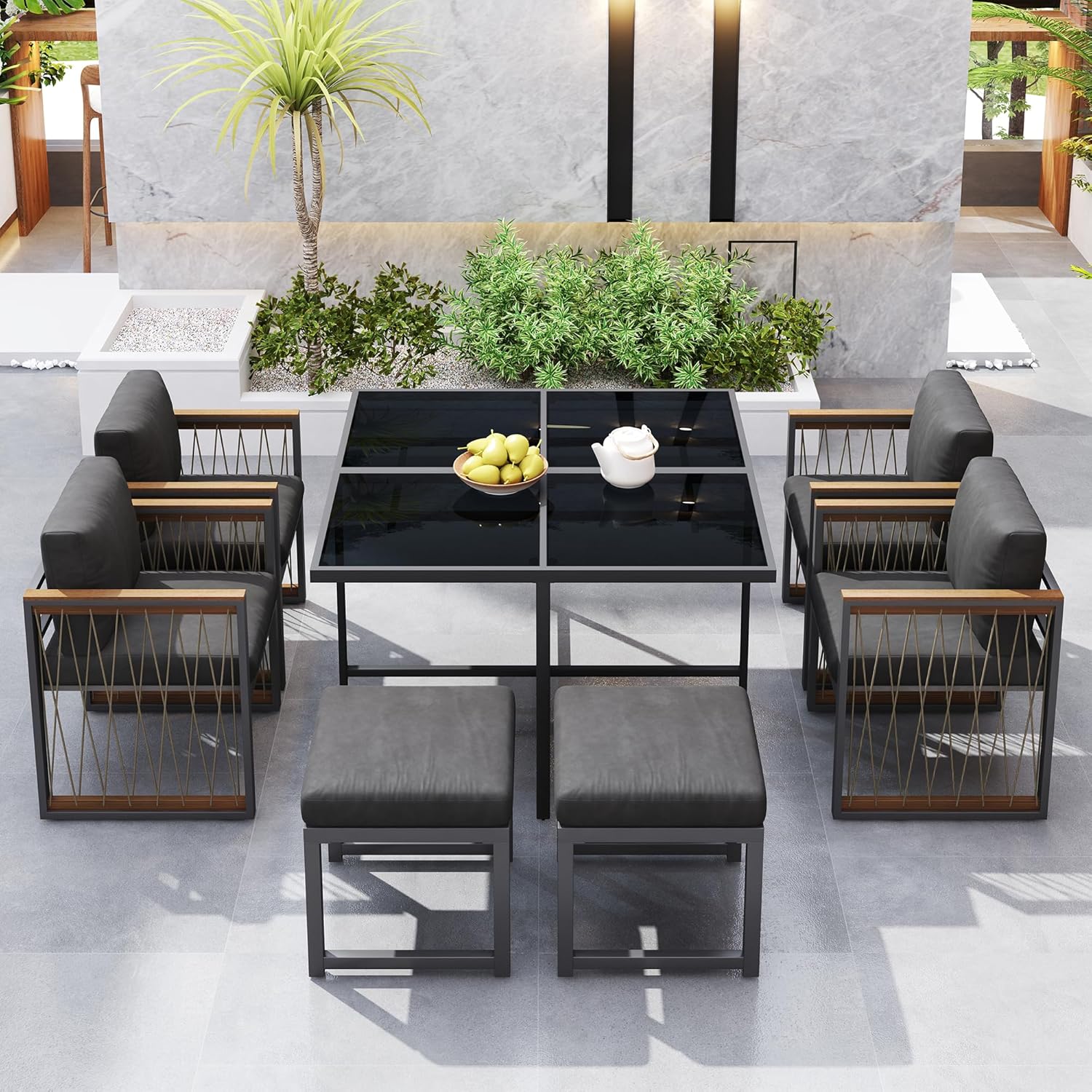 Merax 7-teiliges Garten-Essgruppe, Esstisch-Set für 6 Personen, Tisch mit gehärtetem Glas & Akazienholz-Armlehnen, Abnehmbaren Kissen, Für Garten, Terrasse, Balkon, Schwarz, Holzfarbe