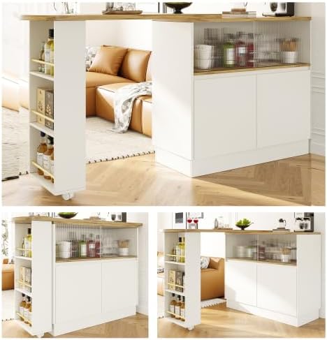Merax Ausziehbarer Bartisch 138-203 cm, 360° Drehbar, Multifunktionale Kücheninsel mit Bar & Theke, Sideboard mit Stauraum, MDF, Modernes Design für Wohnzimmer, Küche und Home-Office — Ansicht 6