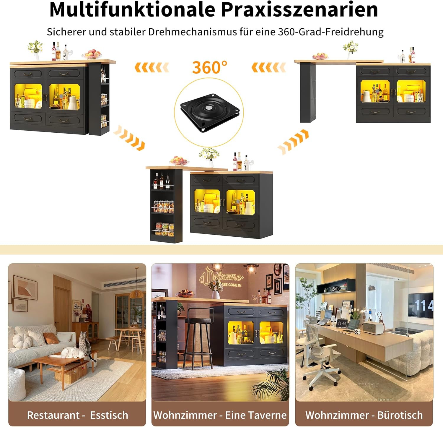 Merax Ausziehbarer Bartisch mit Stauraum, 360° Drehbare Kücheninsel mit Ausziehbarer Arbeitsplatte, LED-Beleuchtung und Schubladen, Stehtisch, Bistrotisch, Hochtisch für Küche, Esszimmer, Schwarz — Ansicht 6