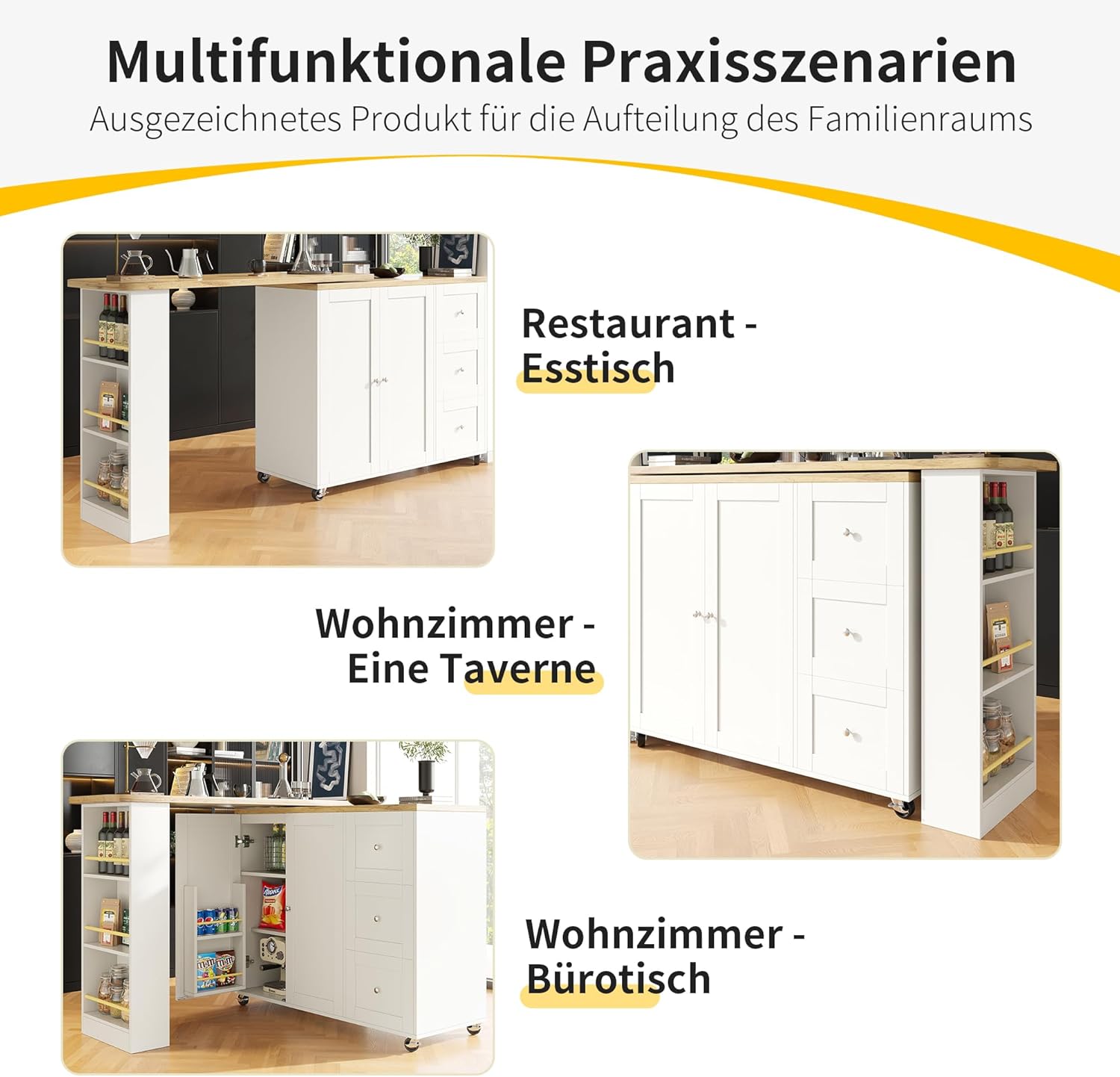 Merax Ausziehbarer Bartisch mit Stauraum, Beweglicher Bartisch Beistelltisch Stehtisch Bistrotisch Küchentheke Kücheninsel, mit 3 Schubladen, Weiß/138-209 x 39 x 106 cm — Ansicht 6