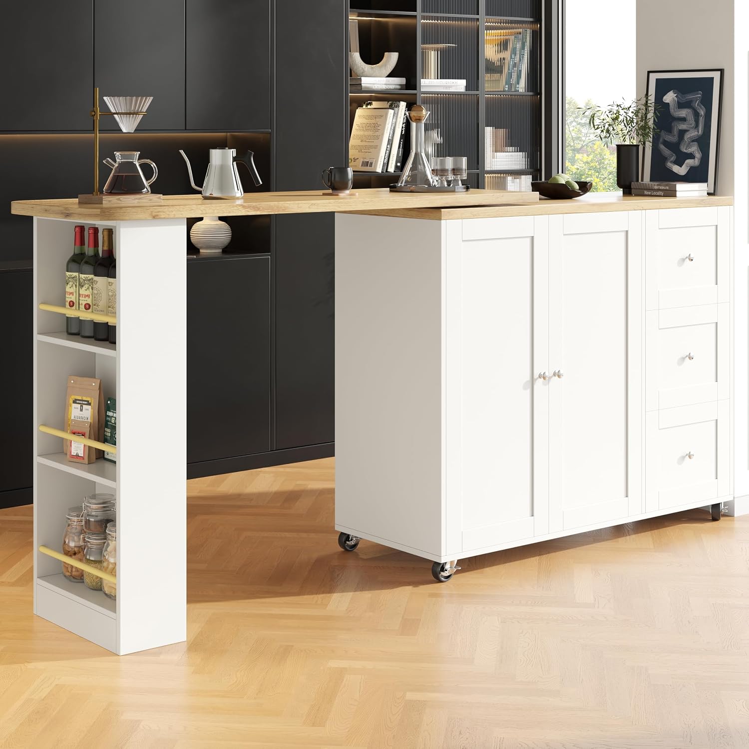 Merax Ausziehbarer Bartisch mit Stauraum, Beweglicher Bartisch Beistelltisch Stehtisch Bistrotisch Küchentheke Kücheninsel, mit 3 Schubladen, Weiß/138-209 x 39 x 106 cm