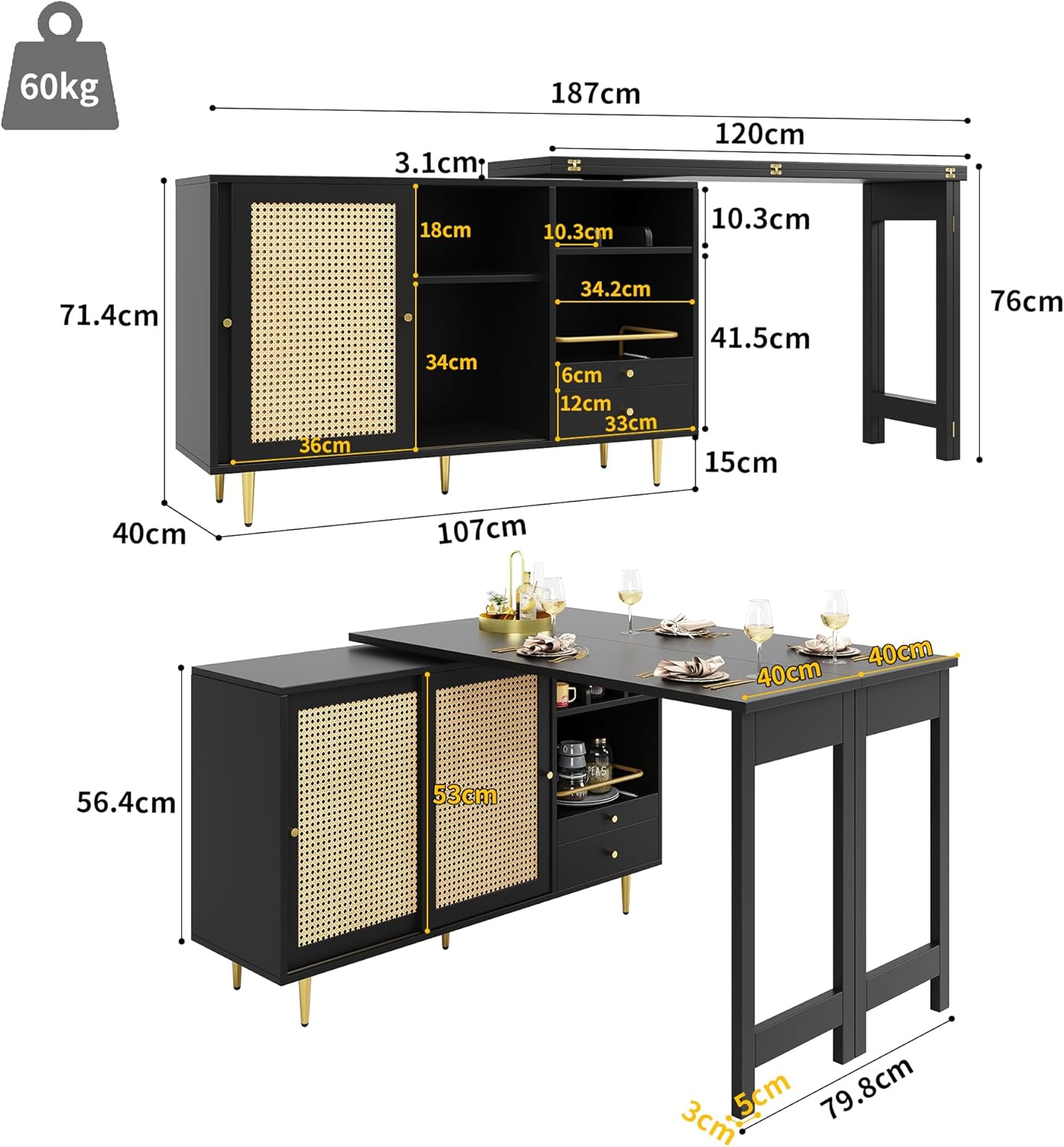 Merax Ausziehbarer Bartisch mit Stauraum, Um 360° drehbarer Stehtisch mit klappbarem Esstisch, schwarzer ausziehbarer Design-Stehtisch, mit Rattantür & Lagerregal, Schwarz/120-187X80X76CM — Ansicht 2