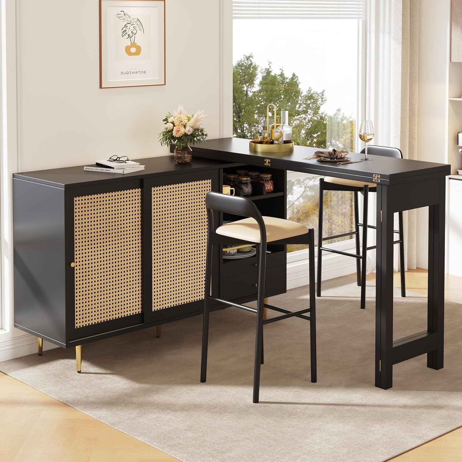 Merax Ausziehbarer Bartisch mit Stauraum, Um 360° drehbarer Stehtisch mit klappbarem Esstisch, schwarzer ausziehbarer Design-Stehtisch, mit Rattantür & Lagerregal, Schwarz/120-187X80X76CM — Ansicht 3