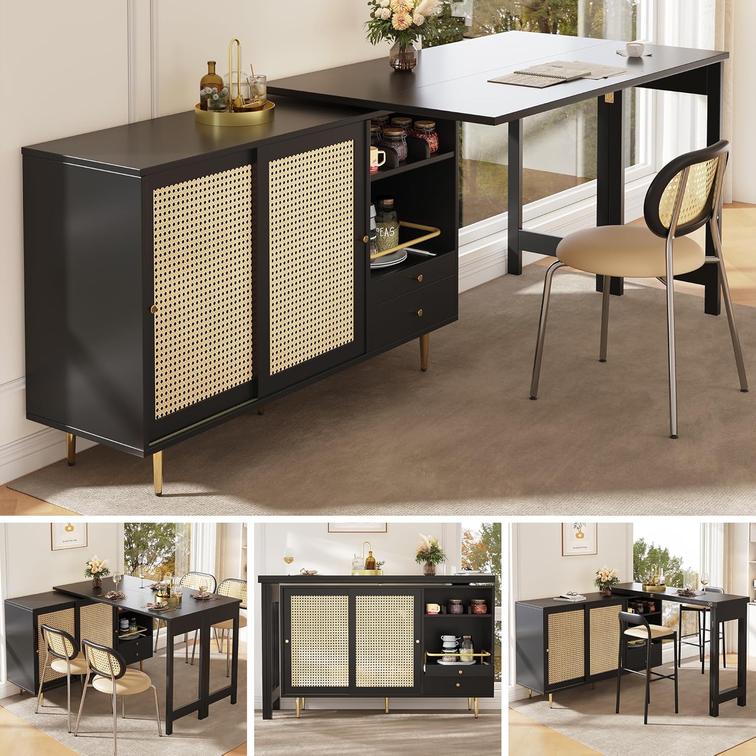 Merax Ausziehbarer Bartisch mit Stauraum, Um 360° drehbarer Stehtisch mit klappbarem Esstisch, schwarzer ausziehbarer Design-Stehtisch, mit Rattantür & Lagerregal, Schwarz/120-187X80X76CM — Ansicht 4