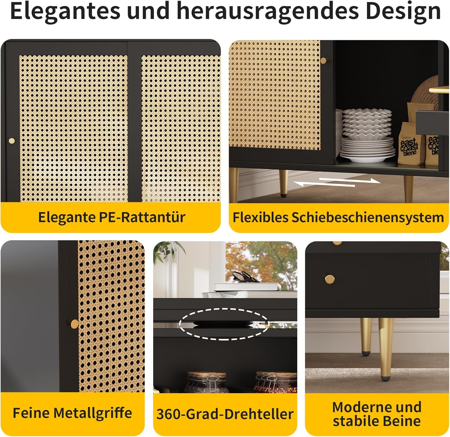 Merax Ausziehbarer Bartisch mit Stauraum, Um 360° drehbarer Stehtisch mit klappbarem Esstisch, schwarzer ausziehbarer Design-Stehtisch, mit Rattantür & Lagerregal, Schwarz/120-187X80X76CM — Ansicht 5