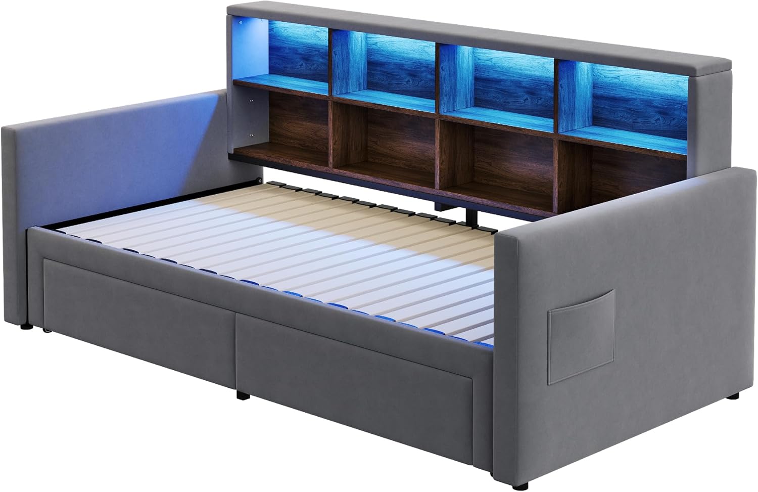 Merax Ausziehbares Bett 90/180 x 190 cm, ausziehbares Schlafsofa mit Ausziehbett, Kopfteil mit Stauraum, LED und USB-Steckdosen Typ C, 2 Schubladen, Lattenrost, Samt, Grau (ohne Matratze) — Ansicht 6