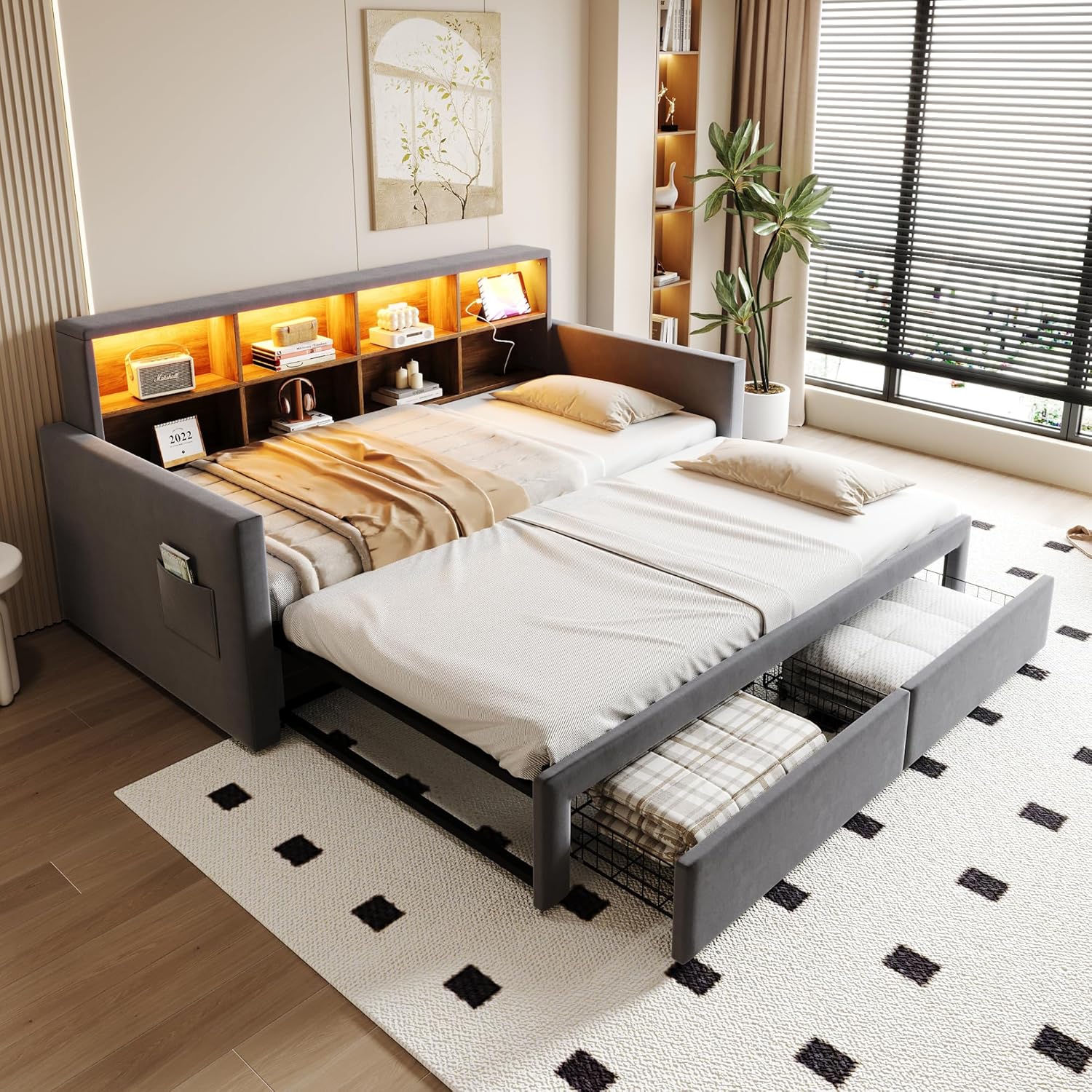 Merax Ausziehbares Bett 90/180 x 190 cm, ausziehbares Schlafsofa mit Ausziehbett, Kopfteil mit Stauraum, LED und USB-Steckdosen Typ C, 2 Schubladen, Lattenrost, Samt, Grau (ohne Matratze)