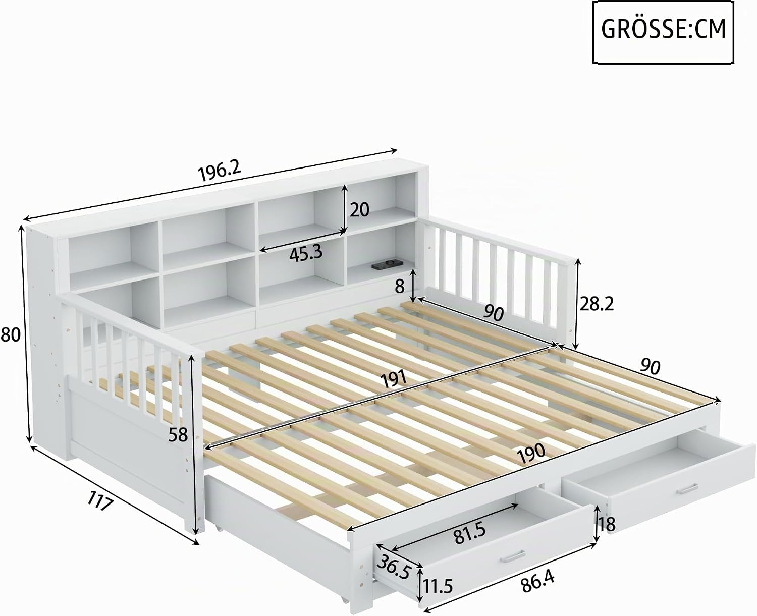 Merax Ausziehbares Schlafsofa 90/180x190 cm, mit Steckdose & Regal in Rückenlehne, 2 Schubladen, Lattenrost, multifunktionales Tagesbett für Gästezimmer, Kinderzimmer, Weiß (ohne Matratze) — Ansicht 2