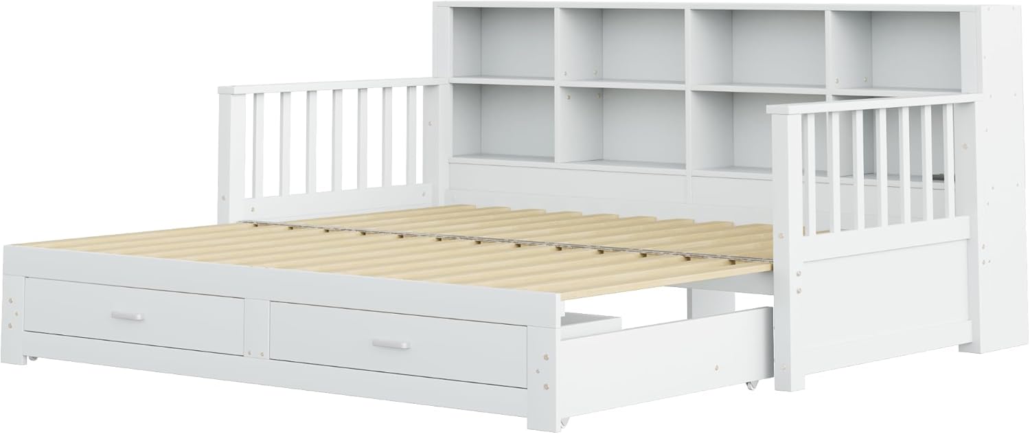 Merax Ausziehbares Schlafsofa 90/180x190 cm, mit Steckdose & Regal in Rückenlehne, 2 Schubladen, Lattenrost, multifunktionales Tagesbett für Gästezimmer, Kinderzimmer, Weiß (ohne Matratze) — Ansicht 6