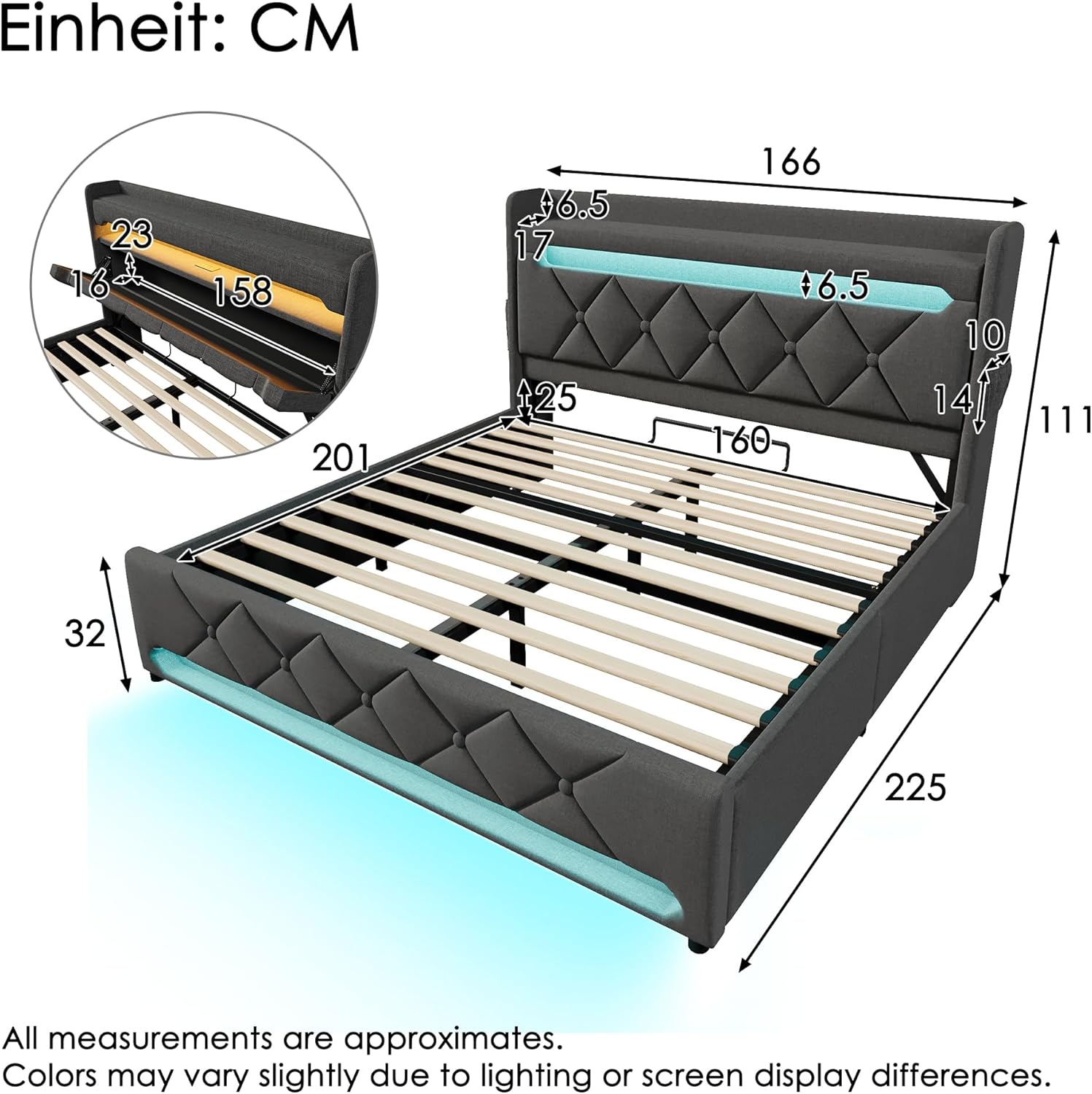 Merax Bett 160x200 mit Stauraum, Polsterbett 160x200 cm mit LED-Beleuchtung & Ladestation, Polsterbett Doppelbett mit USB und Typ C-Port, Stauraum Kopfteil, Grau, Leinen(Ohne Matratze) — Ansicht 2