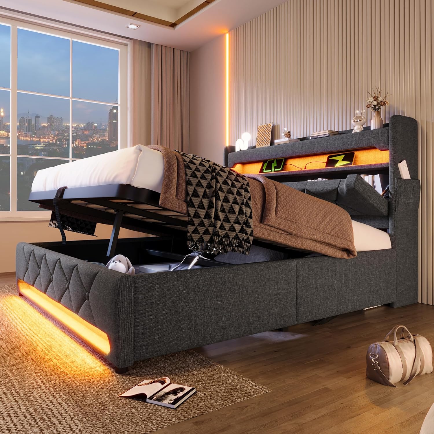 Merax Bett 160x200 mit Stauraum, Polsterbett 160x200 cm mit LED-Beleuchtung & Ladestation, Polsterbett Doppelbett mit USB und Typ C-Port, Stauraum Kopfteil, Grau, Leinen(Ohne Matratze) — Ansicht 3