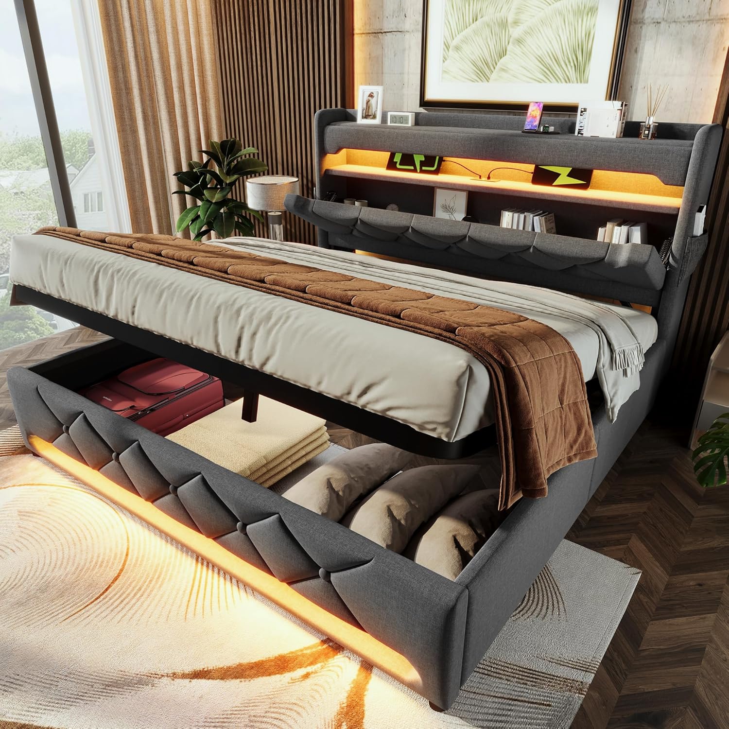 Merax Bett 160x200 mit Stauraum, Polsterbett 160x200 cm mit LED-Beleuchtung & Ladestation, Polsterbett Doppelbett mit USB und Typ C-Port, Stauraum Kopfteil, Grau, Leinen(Ohne Matratze)