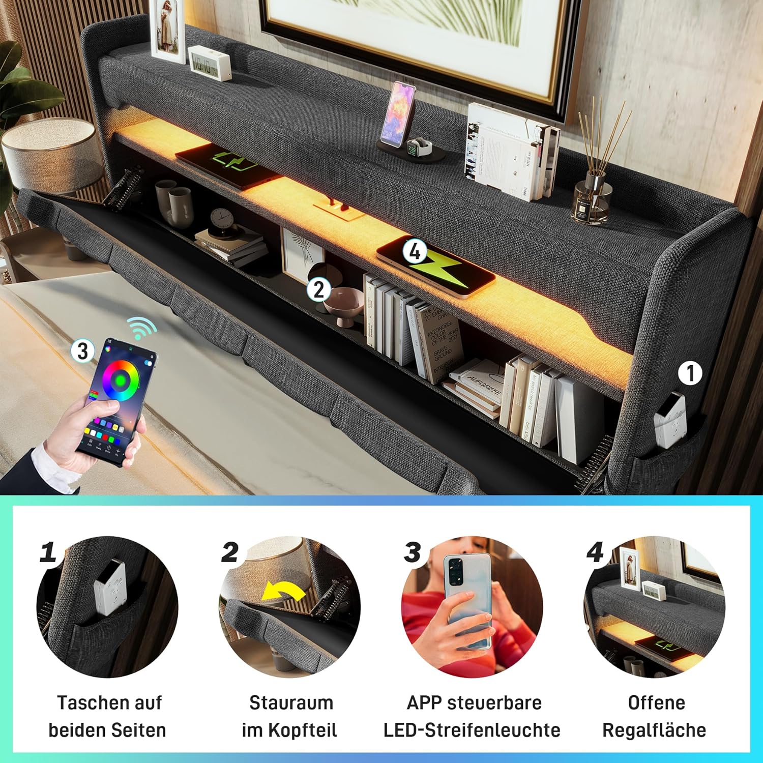 Merax Bett 160x200 mit Stauraum, Polsterbett 160x200 cm mit LED-Beleuchtung & Ladestation, Polsterbett Doppelbett mit USB und Typ C-Port, Stauraum Kopfteil, Grau, Leinen(Ohne Matratze) — Ansicht 6