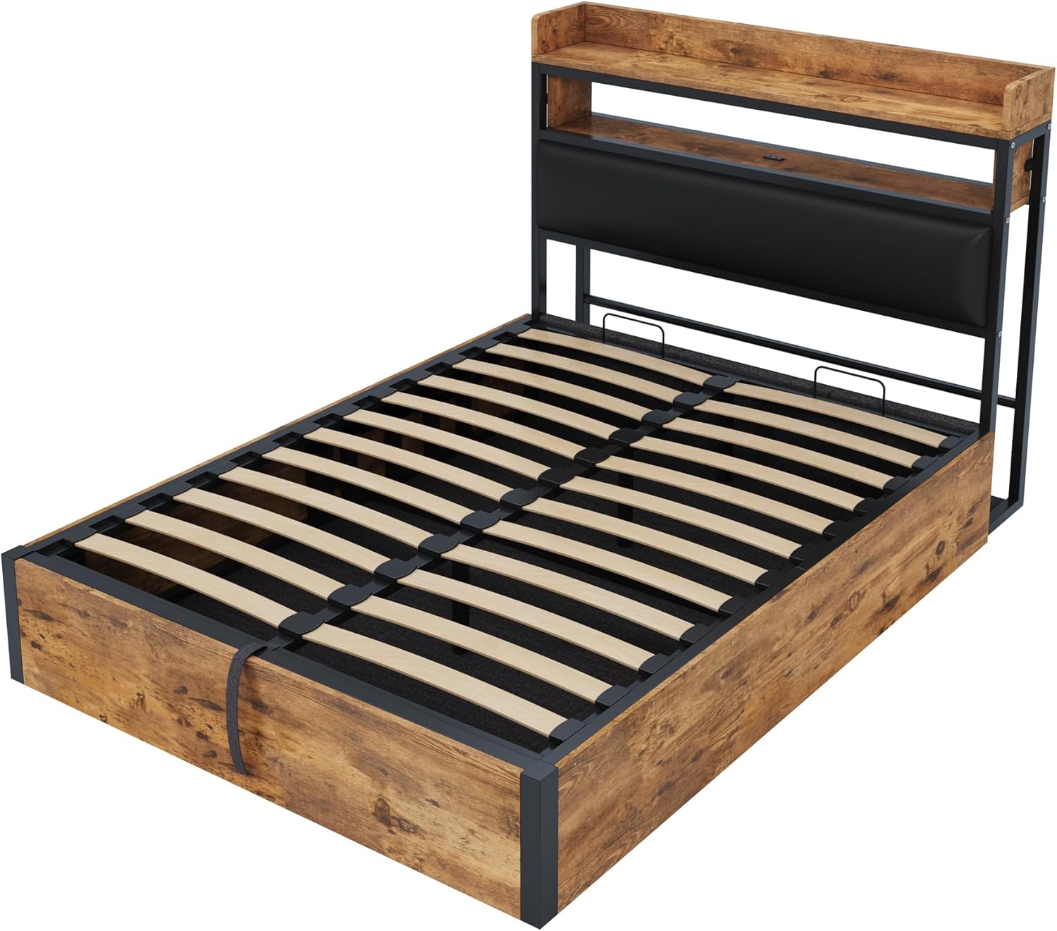 Merax Bettgestell 140x200, Hydraulisch Holzbett mit großem Stauraum, gepolstertem Kopfteil mit Ablage, USB-Ladeanschlüssen, Holz-Metall-Design, Schwarz (Ohne Matratze) — Ansicht 5