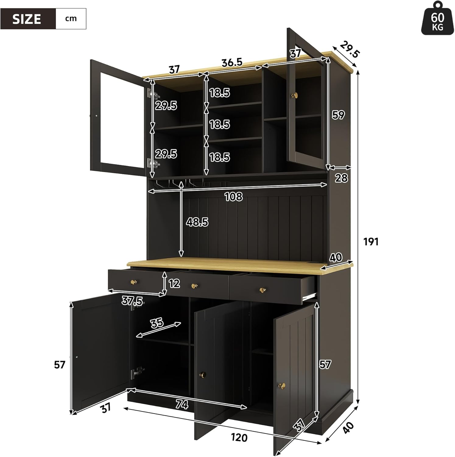 Merax Buffetschrank 120×40×191 cm, Esszimmer-Hochschrank mit Glastüren, Gläserhalter, mehrstufigem Stauraum, integrierter Steckdose sowie USB-A- und USB-C-Anschlüssen, Schwarz — Ansicht 2