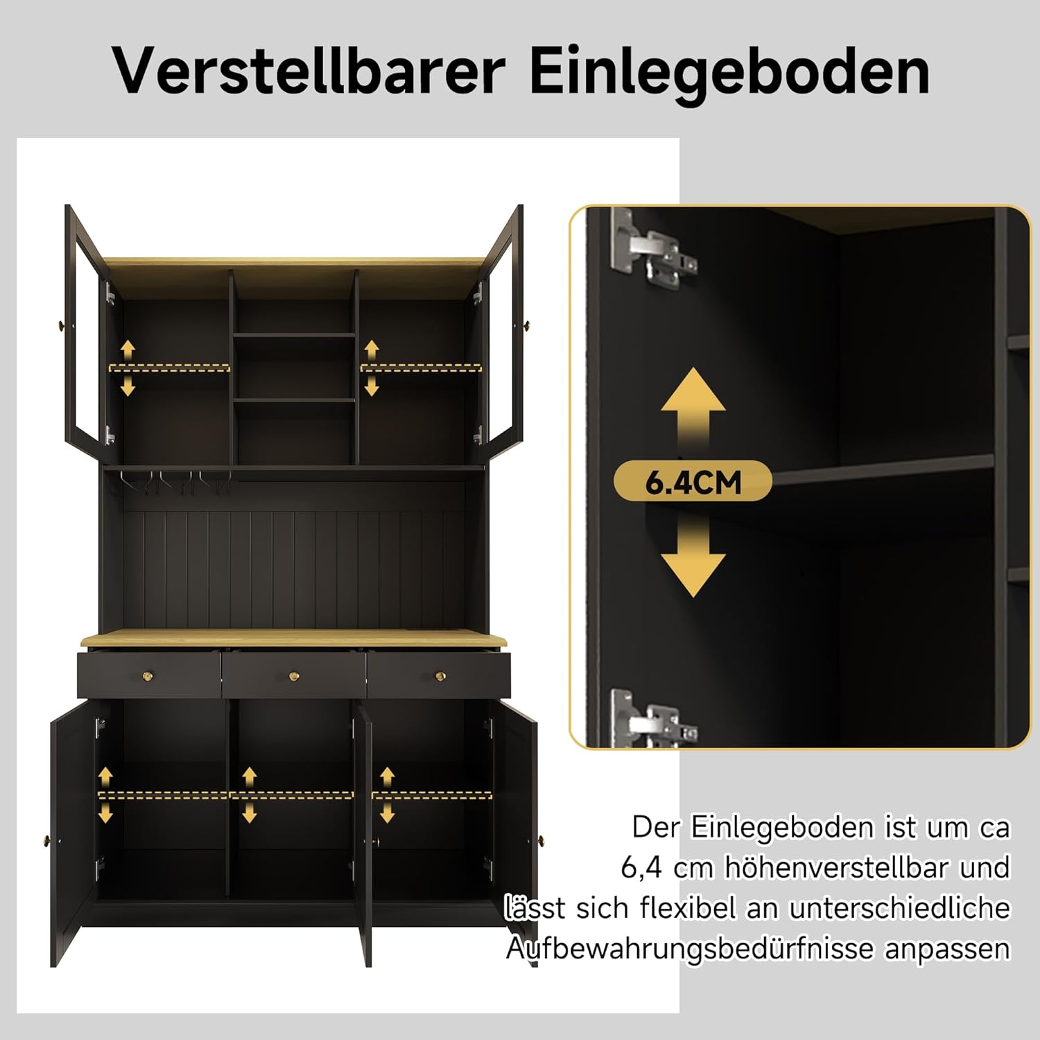 Merax Buffetschrank 120×40×191 cm, Esszimmer-Hochschrank mit Glastüren, Gläserhalter, mehrstufigem Stauraum, integrierter Steckdose sowie USB-A- und USB-C-Anschlüssen, Schwarz — Ansicht 4