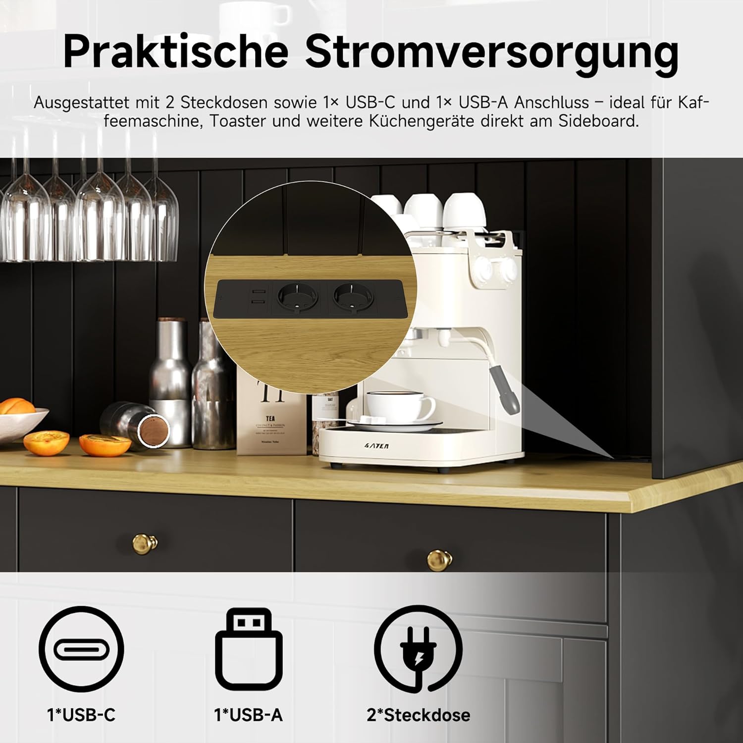 Merax Buffetschrank 120×40×191 cm, Esszimmer-Hochschrank mit Glastüren, Gläserhalter, mehrstufigem Stauraum, integrierter Steckdose sowie USB-A- und USB-C-Anschlüssen, Schwarz — Ansicht 5