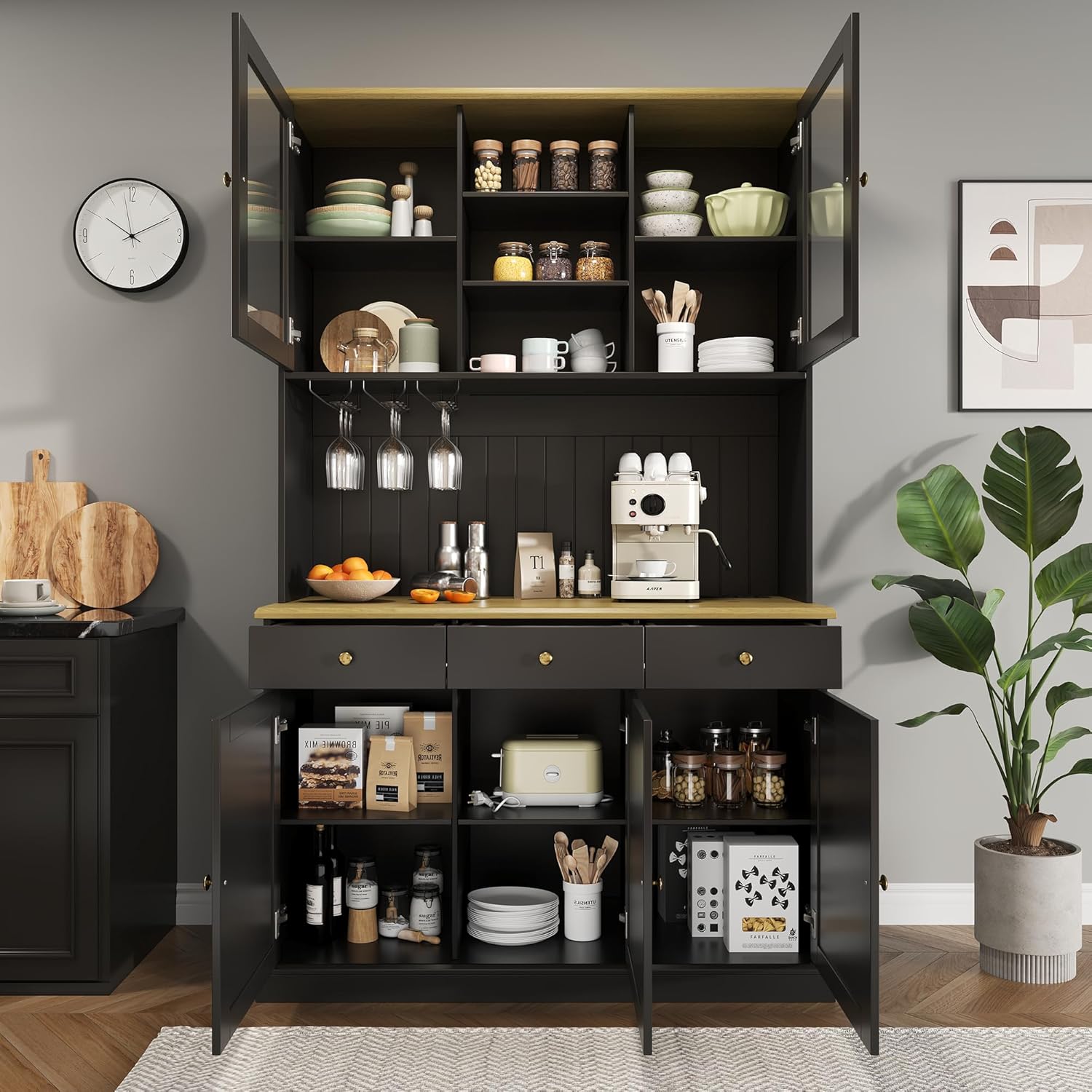 Merax Buffetschrank 120×40×191 cm, Esszimmer-Hochschrank mit Glastüren, Gläserhalter, mehrstufigem Stauraum, integrierter Steckdose sowie USB-A- und USB-C-Anschlüssen, Schwarz — Ansicht 6
