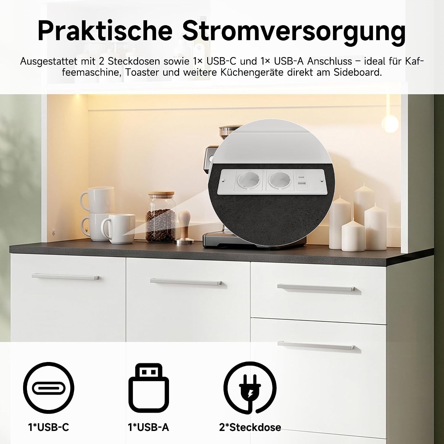 Merax Buffetschrank Hochschrank 120x40x180 cm, mit Steckdose, USB, farbigem LED-Licht – Weiß — Ansicht 3