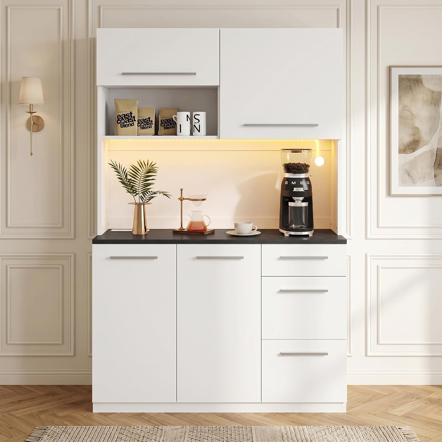 Merax Buffetschrank Hochschrank 120x40x180 cm, mit Steckdose, USB, farbigem LED-Licht – Weiß — Ansicht 6