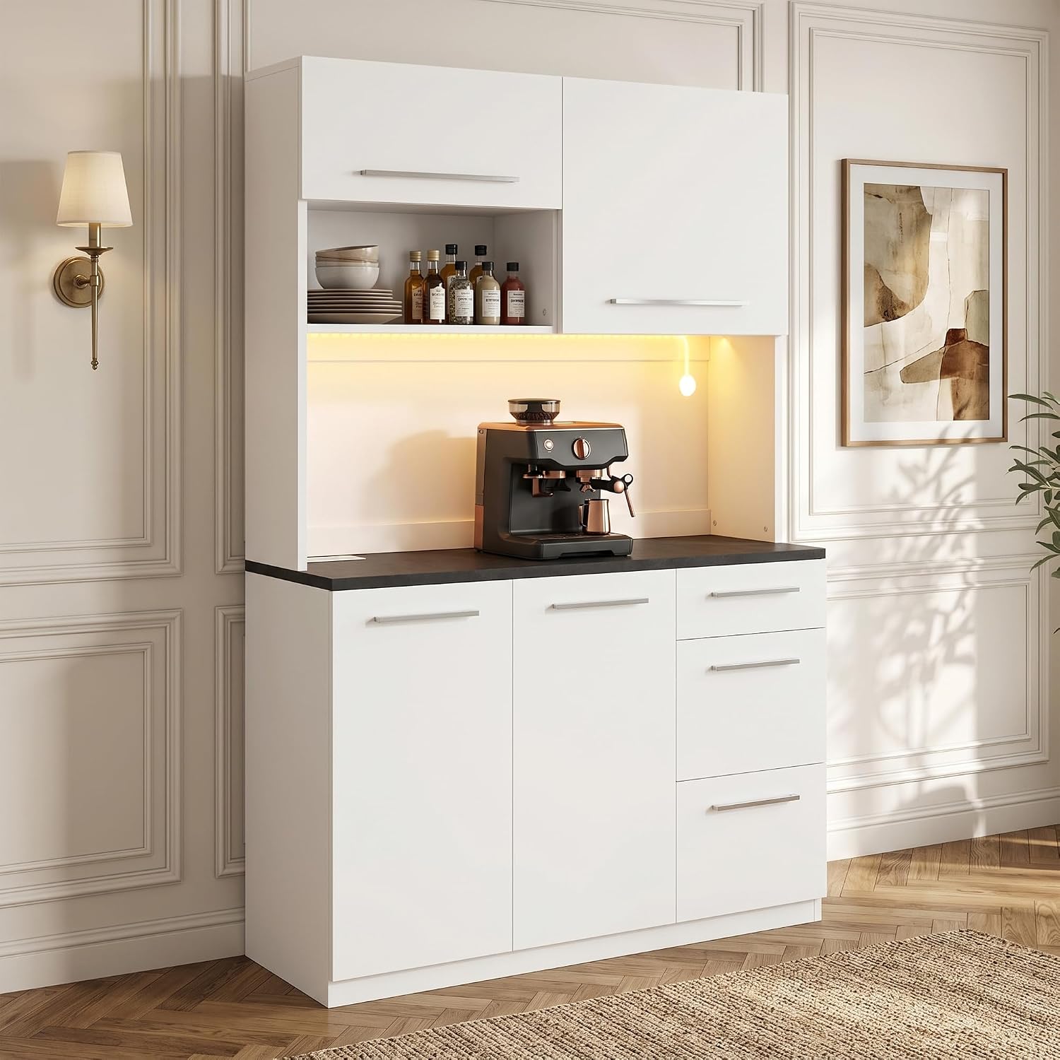 Merax Buffetschrank Hochschrank 120x40x180 cm, mit Steckdose, USB, farbigem LED-Licht – Weiß