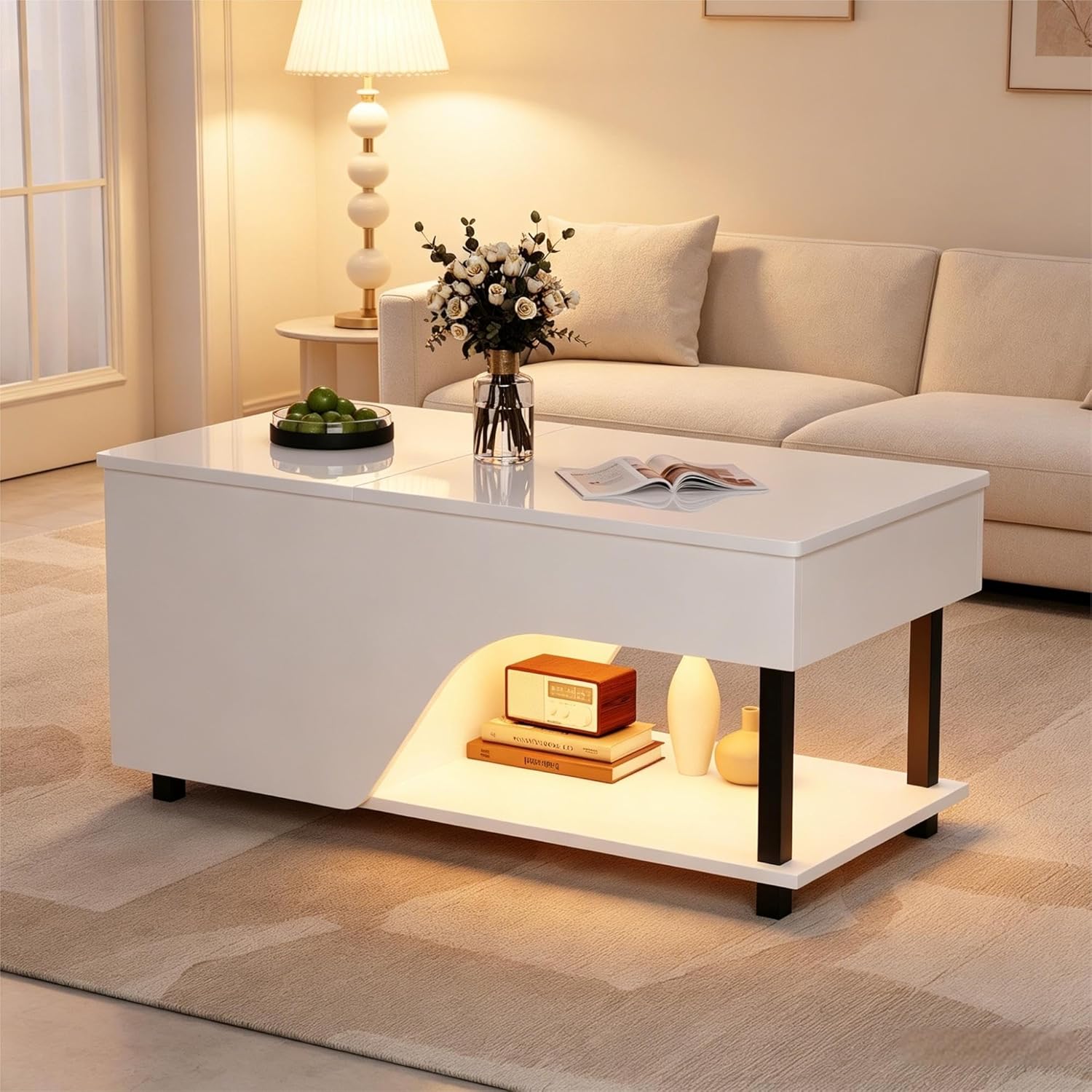Merax Couchtisch Höhenverstellbar 100x50 cm, Couchtisch mit Stauraum, Wohnzimmertisch mit Verstecktem Fach und Verstellbaren Regalböden, Sofatisch Beistelltisch Modern, Weiß — Ansicht 4