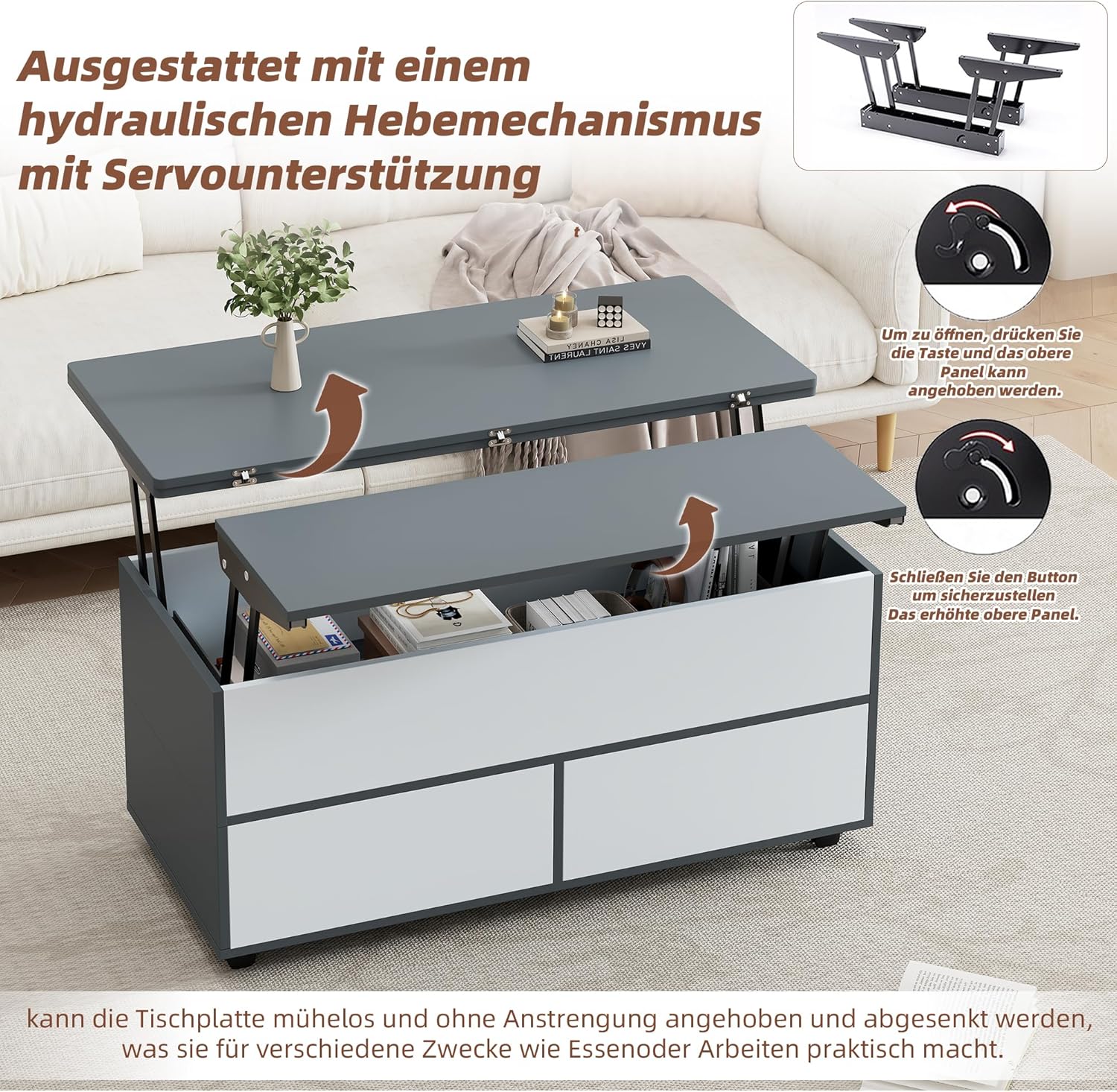 Merax Couchtisch, höhenverstellbarer Wohnzimmertisch, 3-in-1-Multifunktions-Kaffeetisch mit Verstecktem Stauraum & Schubladen & Rollen, Umwandelbar in Esstisch, Sofatisch für Homeoffice, Grau&Weiß — Ansicht 6