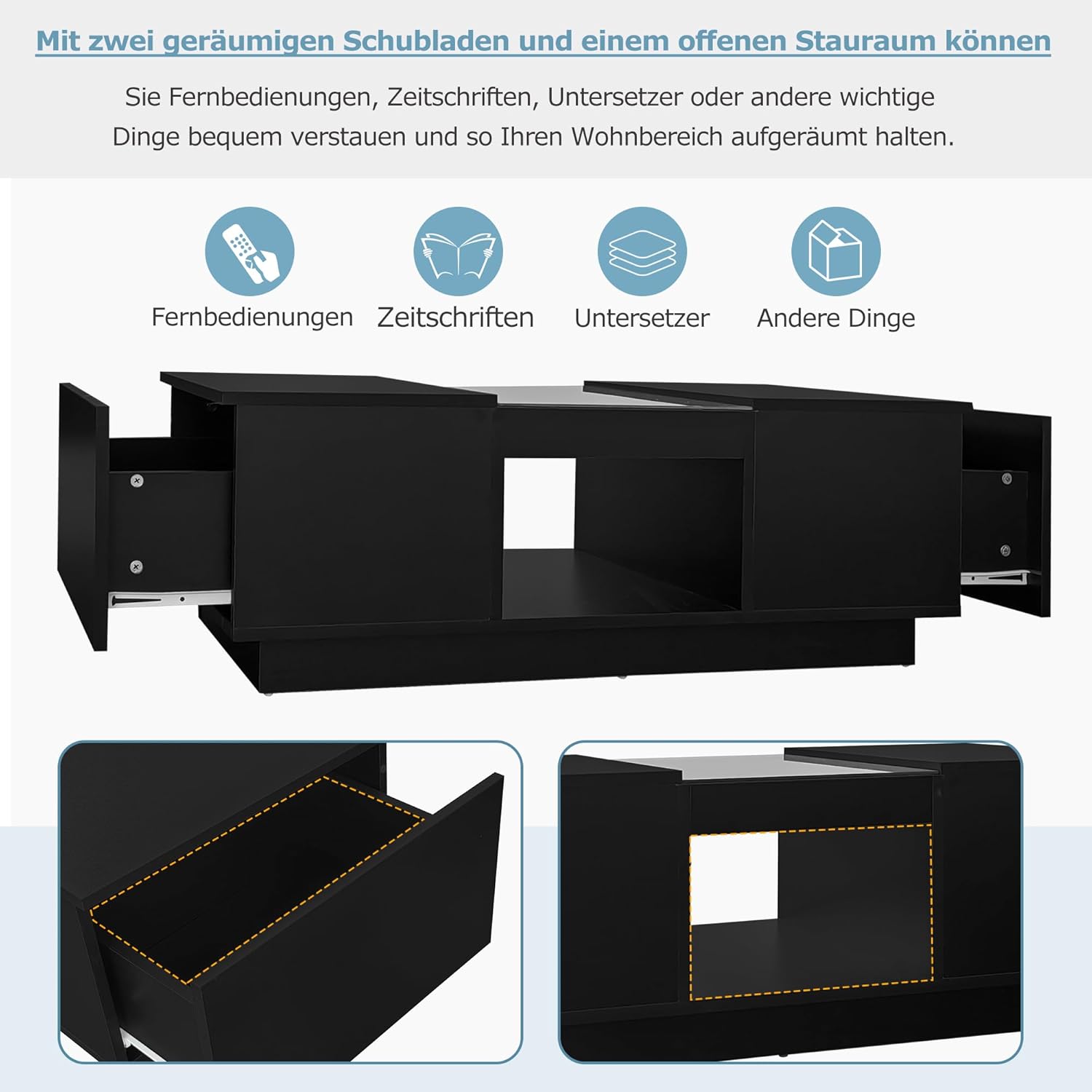 Merax Couchtisch LED Hochglanz, Mitteltisch Teetisch für Wohnzimmer, Schwarz Wohnzimmertisch mit 2 Schubladen und offenes Fach, Rechteckiger Beistelltisch Sofatisch Kaffeetisch, für Schlafzimmer Büro — Ansicht 6