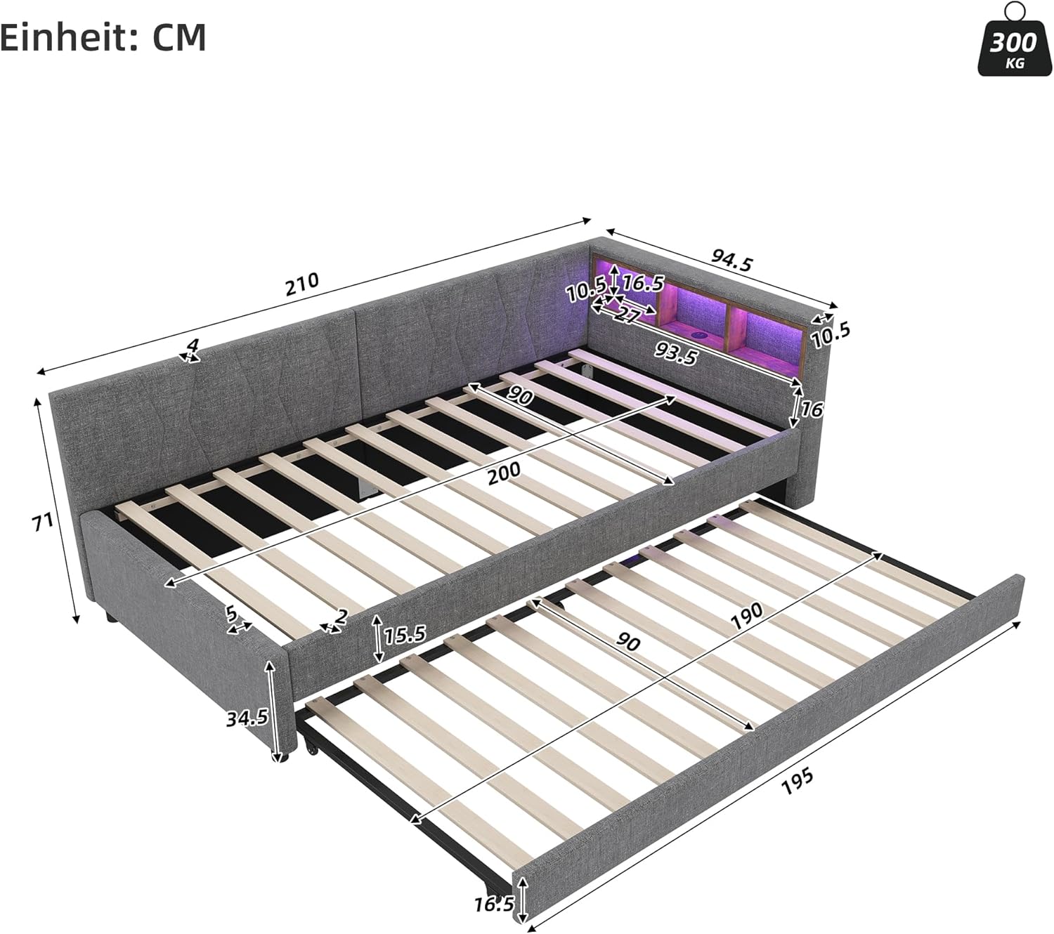 Merax Daybett 90x200 cm, Multifunktionales Schlafsofa mit Ausziehbett, USB+Typ C Ladeanschluss, Fernbedienung für LED-Umgebungslicht, Ablagefächer – Grau, Leinen (Ohne Matratze) — Ansicht 2