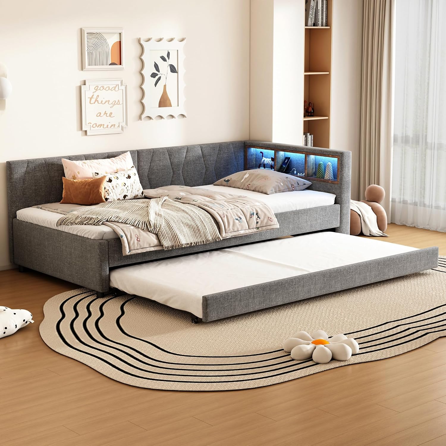 Merax Daybett 90x200 cm, Multifunktionales Schlafsofa mit Ausziehbett, USB+Typ C Ladeanschluss, Fernbedienung für LED-Umgebungslicht, Ablagefächer – Grau, Leinen (Ohne Matratze)