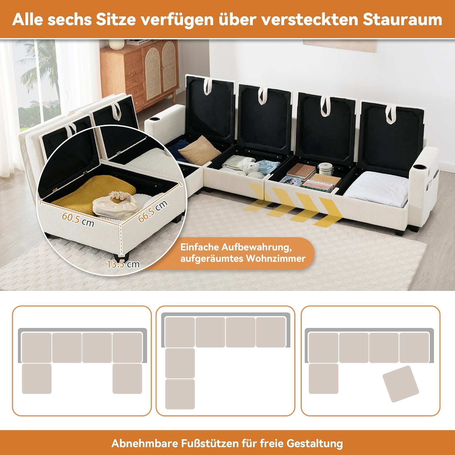 Merax Ecksofa L-förmiges Sofa Modulares 4-Sitzer Couch mit multifunktionalem Fußhocker (L/U-Form), USB-Anschlüssen, Staufächern und Getränkehaltern, Cordbezug, Beige — Ansicht 6