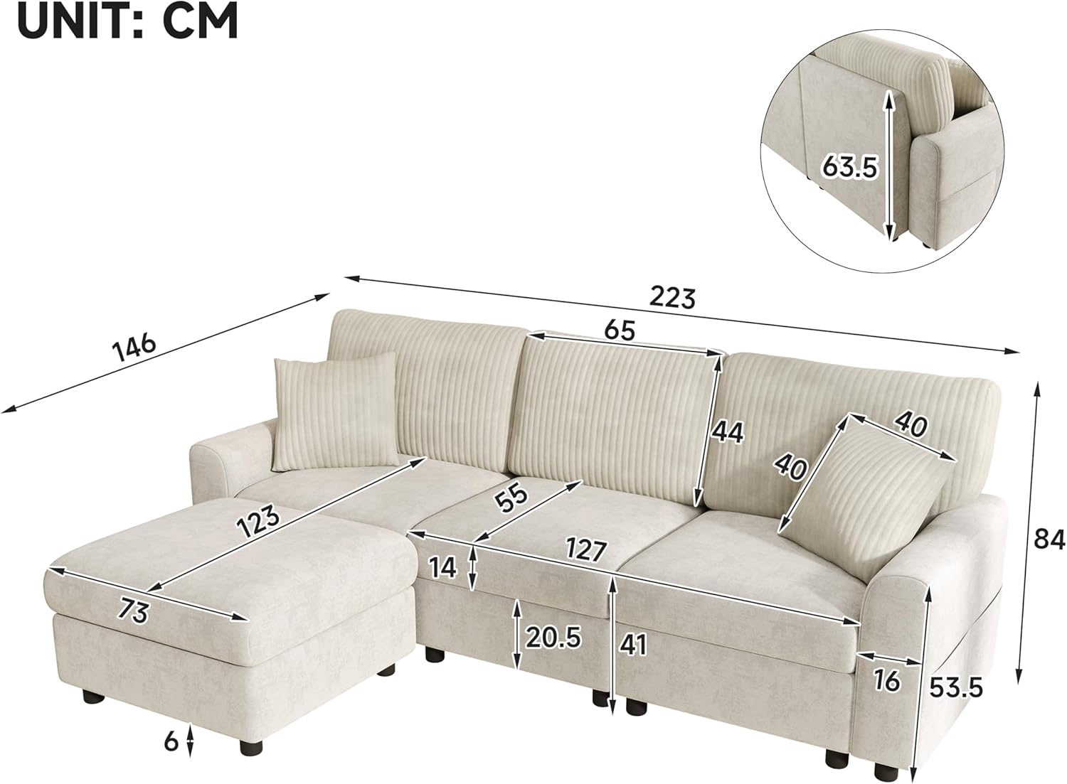 Merax Ecksofa mit Hocker, Wohnlandschaft aus Chenille und Breitcord, Polstersofa mit 2 Kissen, Moderne Couch mit Ottomane, Großzügige Sitzfläche für Wohnzimmer, Beige, 223 x 146 x 84 cm — Ansicht 2