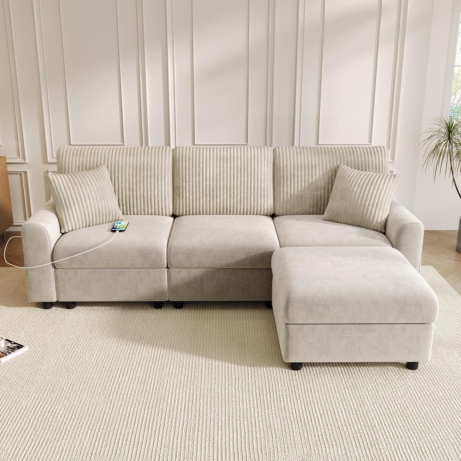 Merax Ecksofa mit Hocker, Wohnlandschaft aus Chenille und Breitcord, Polstersofa mit 2 Kissen, Moderne Couch mit Ottomane, Großzügige Sitzfläche für Wohnzimmer, Beige, 223 x 146 x 84 cm — Ansicht 3