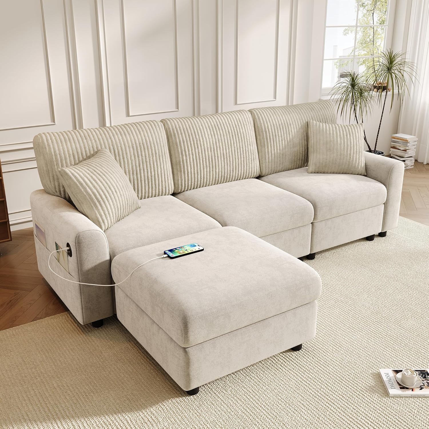 Merax Ecksofa mit Hocker, Wohnlandschaft aus Chenille und Breitcord, Polstersofa mit 2 Kissen, Moderne Couch mit Ottomane, Großzügige Sitzfläche für Wohnzimmer, Beige, 223 x 146 x 84 cm — Ansicht 4