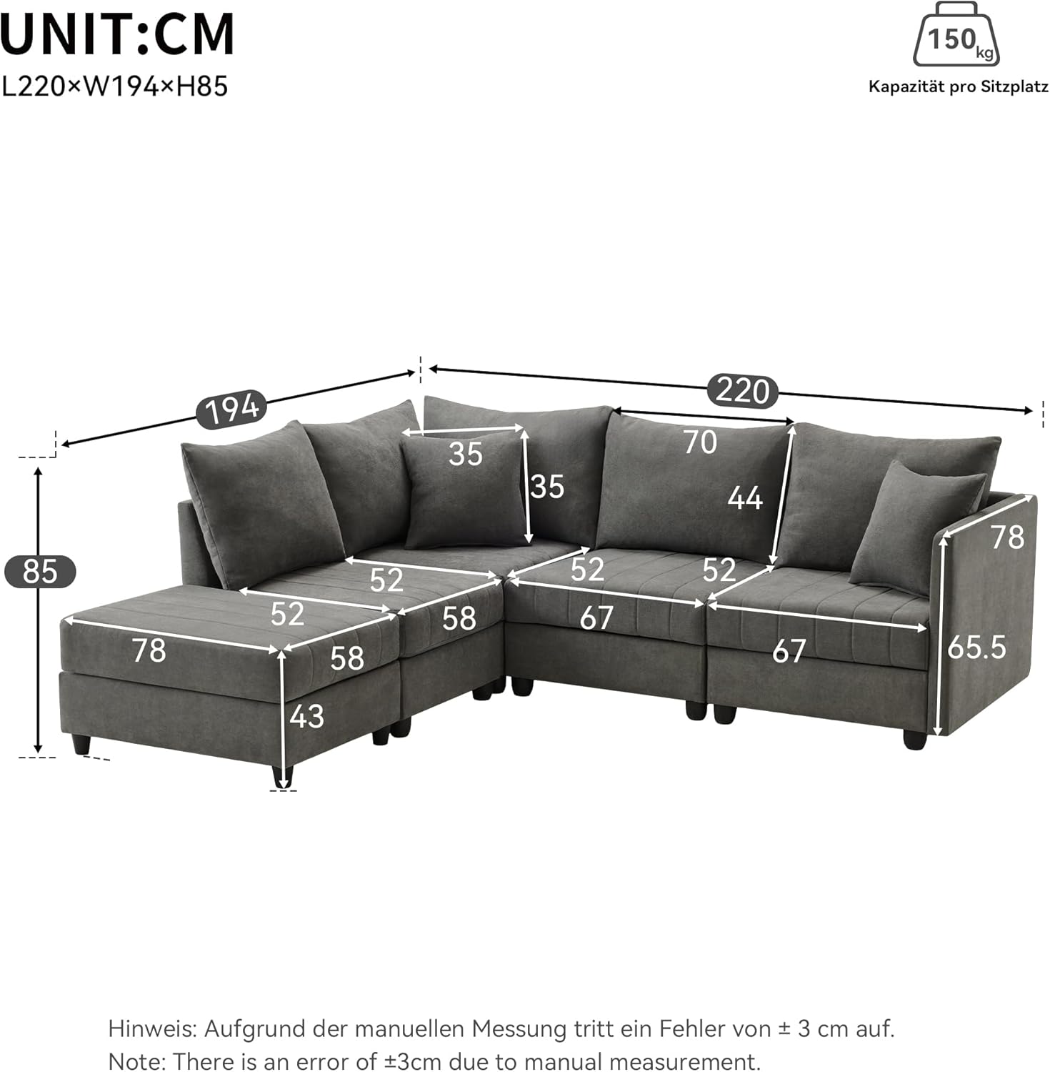 Merax Ecksofa Modulares 5-Sitzer Sofa mit multifunktionalem Fußhocker (L/U-Form), Atmungsaktive Baumwolle-Leinen-Kombi, Modernes Vertikalstreifen-Design, Premium Komfort, Raumsparend & Wandelbar, Grau — Ansicht 2